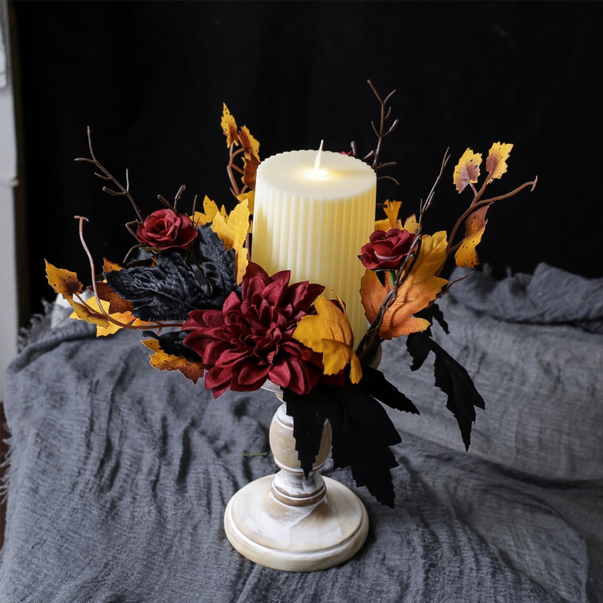 Halloween Candle Rings Wreaths Fall Artificial Maple Leaf Rose Floral Wreath Pillar Candle Holder Wreaths Garland for Halloween Thanksgiving Party Home Table Centerpieces Decorations