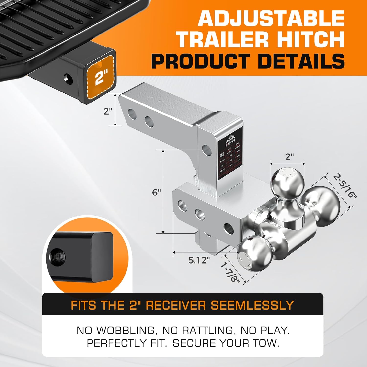 Kingfun Adjustable Trailer Hitch - Drop Hitch Fits 2 Inch Receiver, Tri Ball (1-7/8", 2", 2-5/16") 6 Inch Drop/Rise, 12500 LBS GTW Aluminum Heavy Duty Tow Hitch with Anti-Theft Pin - (Silver)