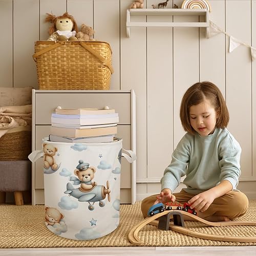 Bear Nursery Laundry Basket Hamper, Toybox for Boys Girls, Hot Air Balloon Airplane Bear Waterproof Collapsible Storage Bin Organizer for Bedroom Bathroom Kids Room Clothes Toys Books