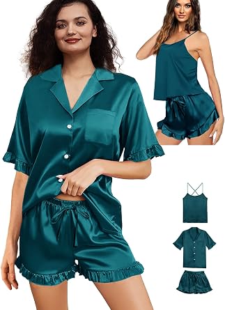 WJing Yi Jia 3Pcs Womens Ruffle Satin Pajama Sets XS-4XL Silk Pajamas Set Sexy Cami Tops Silky Pj Sets Sleepwear Nightwear