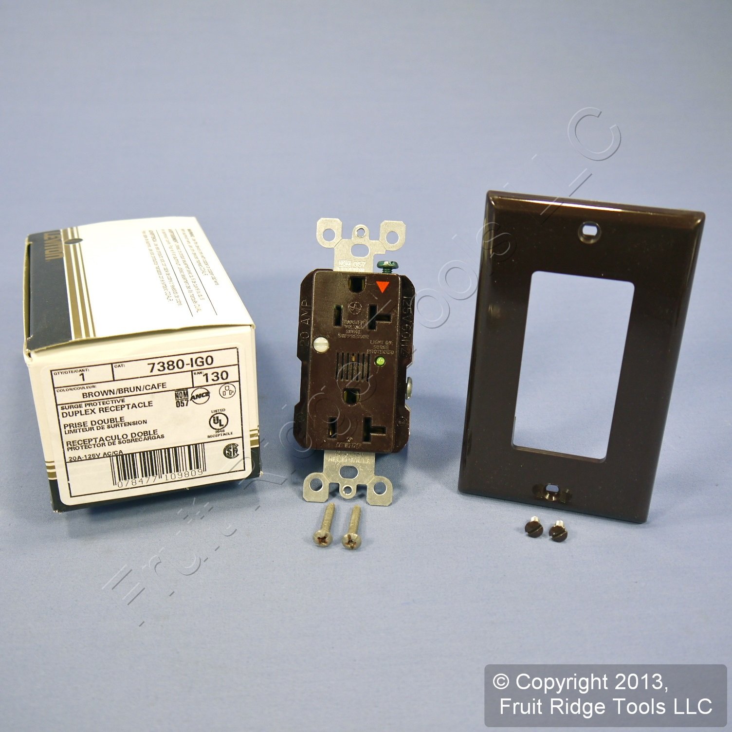 Leviton 7380-IG 20 Amp, 125 Volt, Decora Plus Duplex Surge Suppressor Receptacle, Straight Blade, Industrial Grade, Isolated Ground, Surge with Indicator Light, Brown