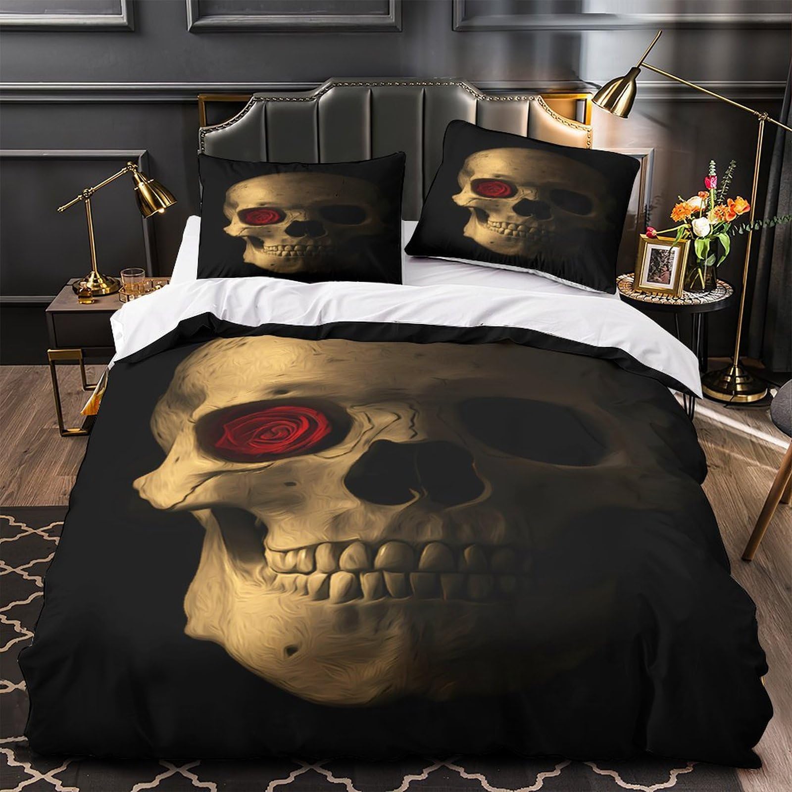 Parure de lit crâne et roses contre la transpiration nocturne avec housse de couette légère 3D