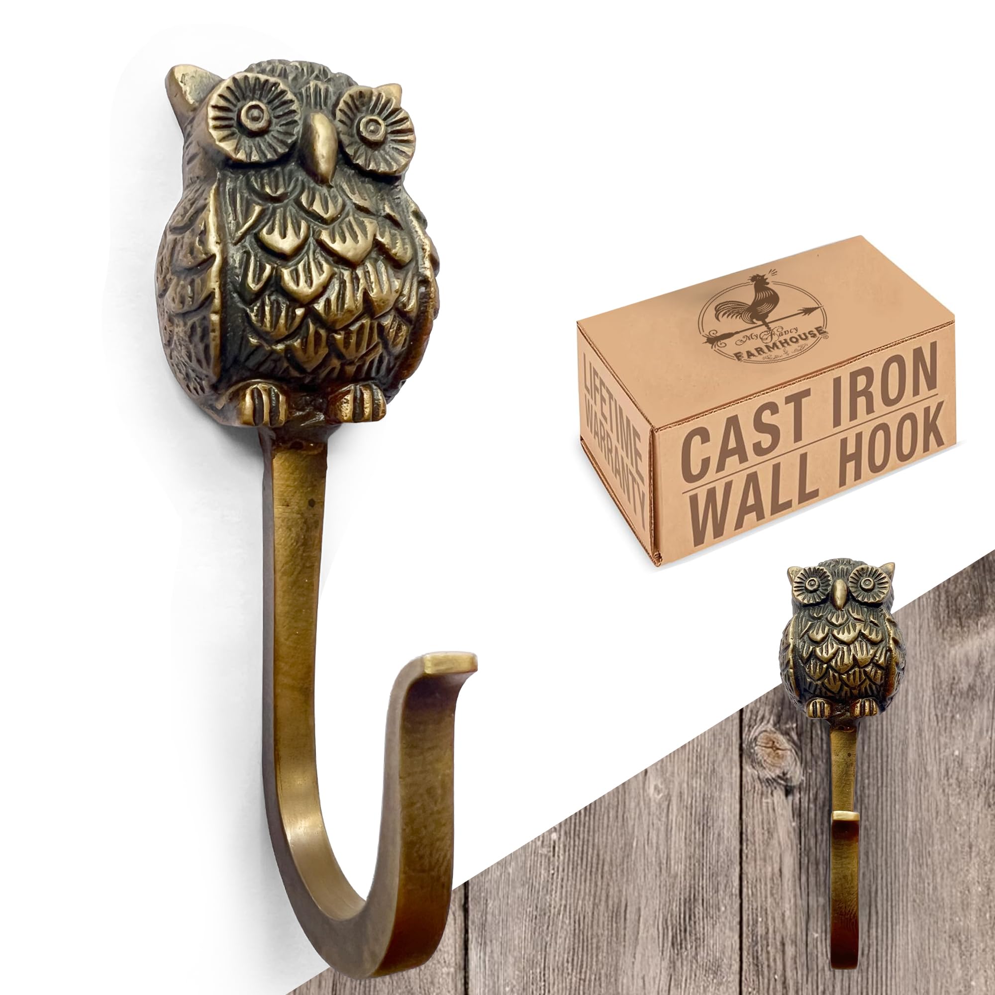 Cast Iron Owl Hook, Large, Heavy Duty, 4.9 inch Tall, Farmhouse Decorative Wall Hook, Vintage Decor for Hanging Coats, Bags, Hats, Towels (Antique Bronze)