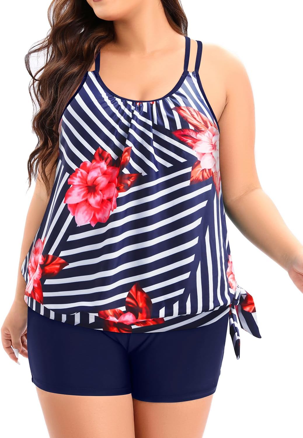 Holipick Women Plus Size 2 Piece Tankini Swimsuit Tummy Control Blouson Bathing Suits Thin Strap Tank Top with Boy Shorts