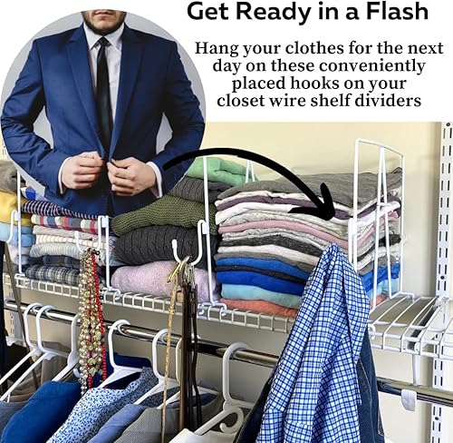 Miniatura 6 de Evelots Separadores de estantes de alambre, paquete de 4 con ganchos extraíbles de patente pendiente, almacenamiento y organización extra para