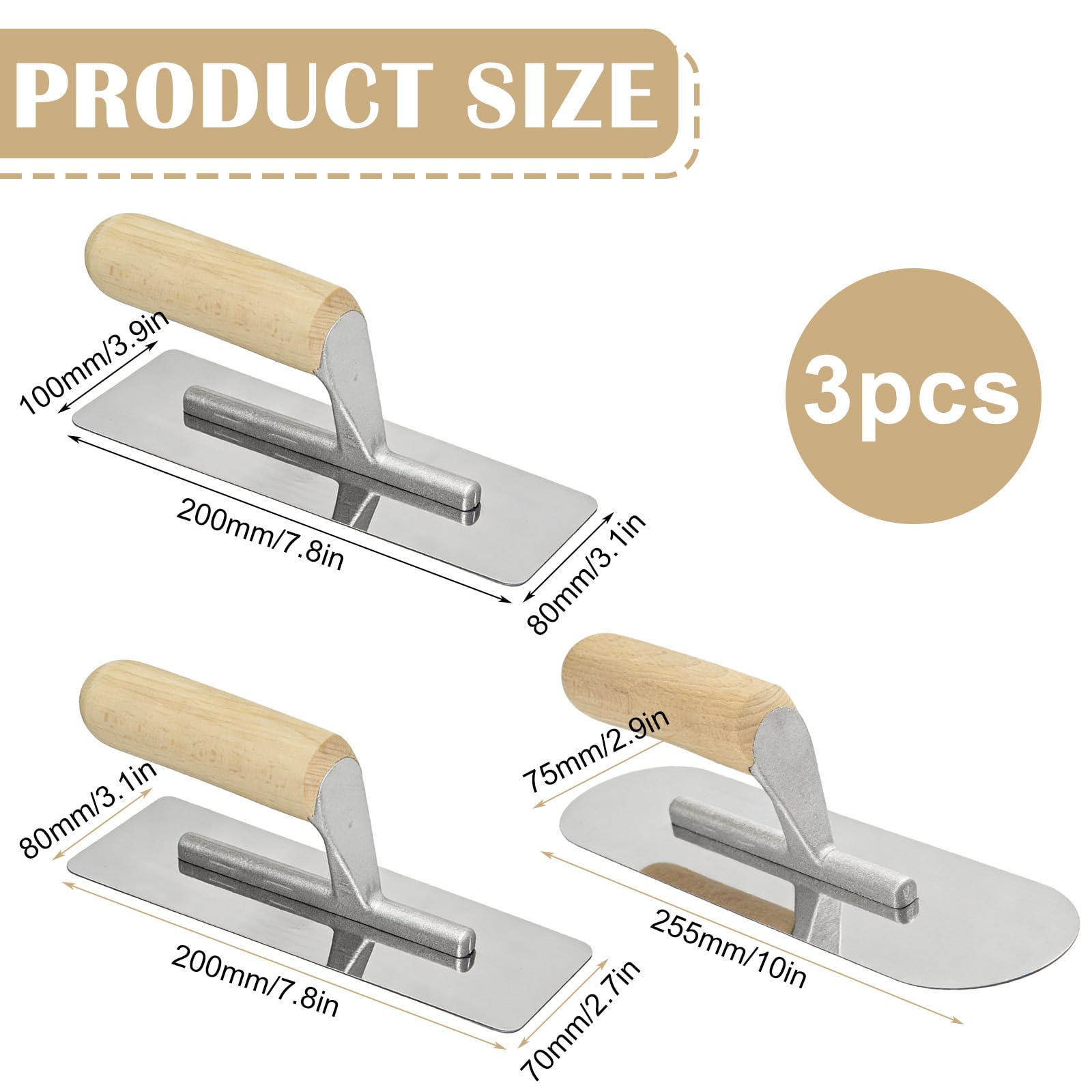 Ensemble de 3 truelles de lissage, truelles à plâtrer, acier inoxydable avec manche en bois, truelle de lissage surface plâtrer, outil de plâtrage pour la finition des murs et des sols