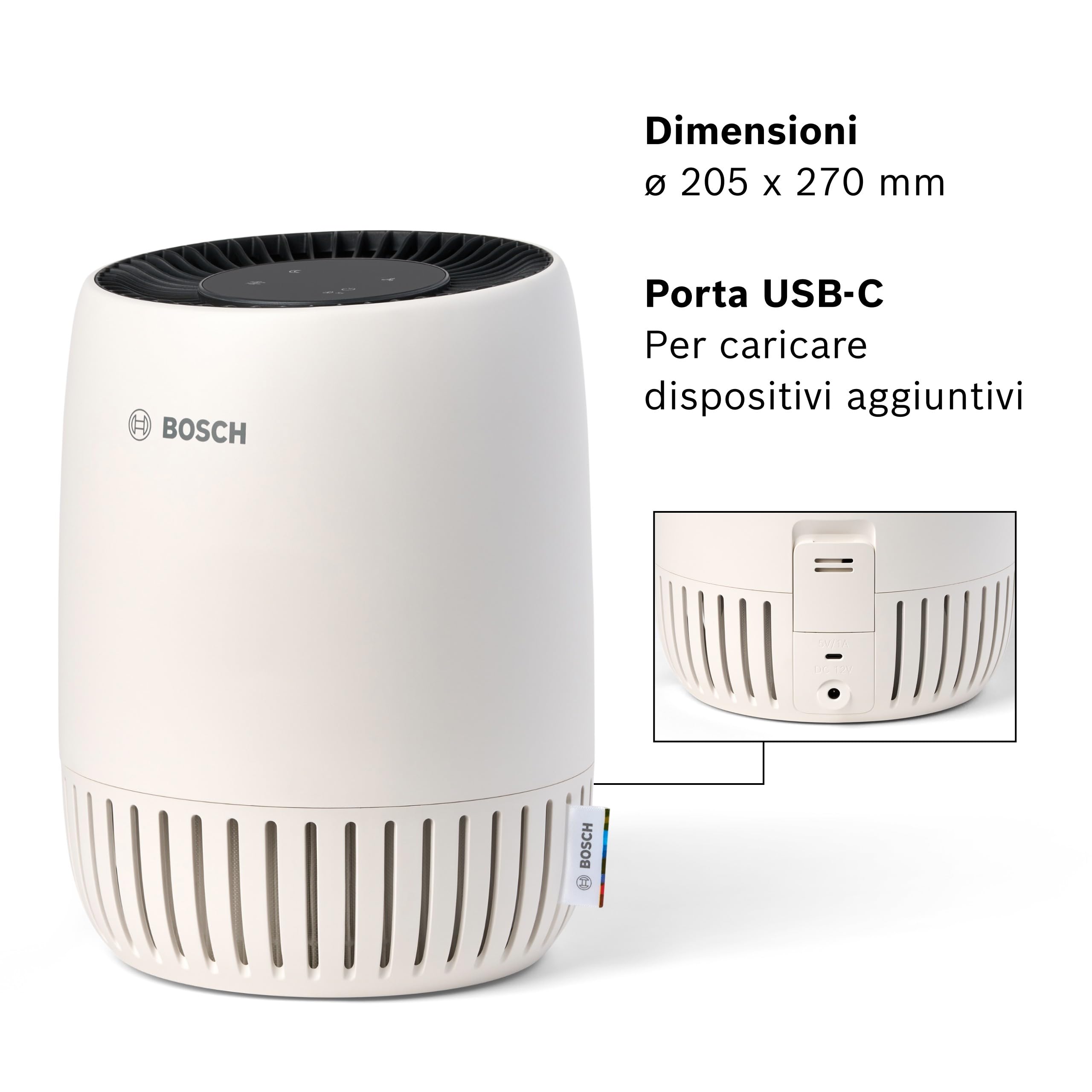 Bosch Air 500 Purificatore d’Aria - Rimuove gli inquinanti, include filtro aria e modalità sleep (< 25 dB(A)) - per stanze fino a 23 m² - con porta di ricarica USB-C - CADR: 100 m³/h