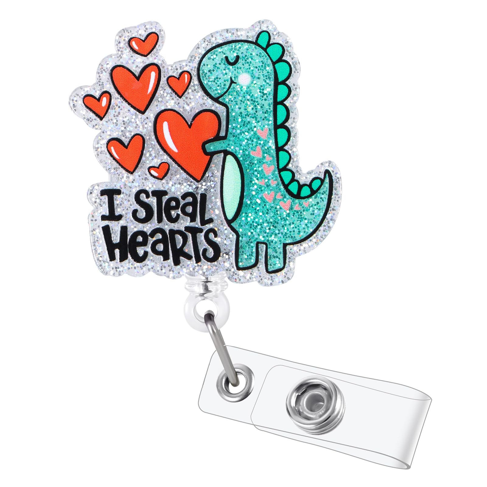I Steal Hearts Cute Dinosaur Badge Reel, Retractable ID Card Funny Badge Holder with Alligator Clip, Name Tag Badge Buddy for Nurse Doctor Nursing