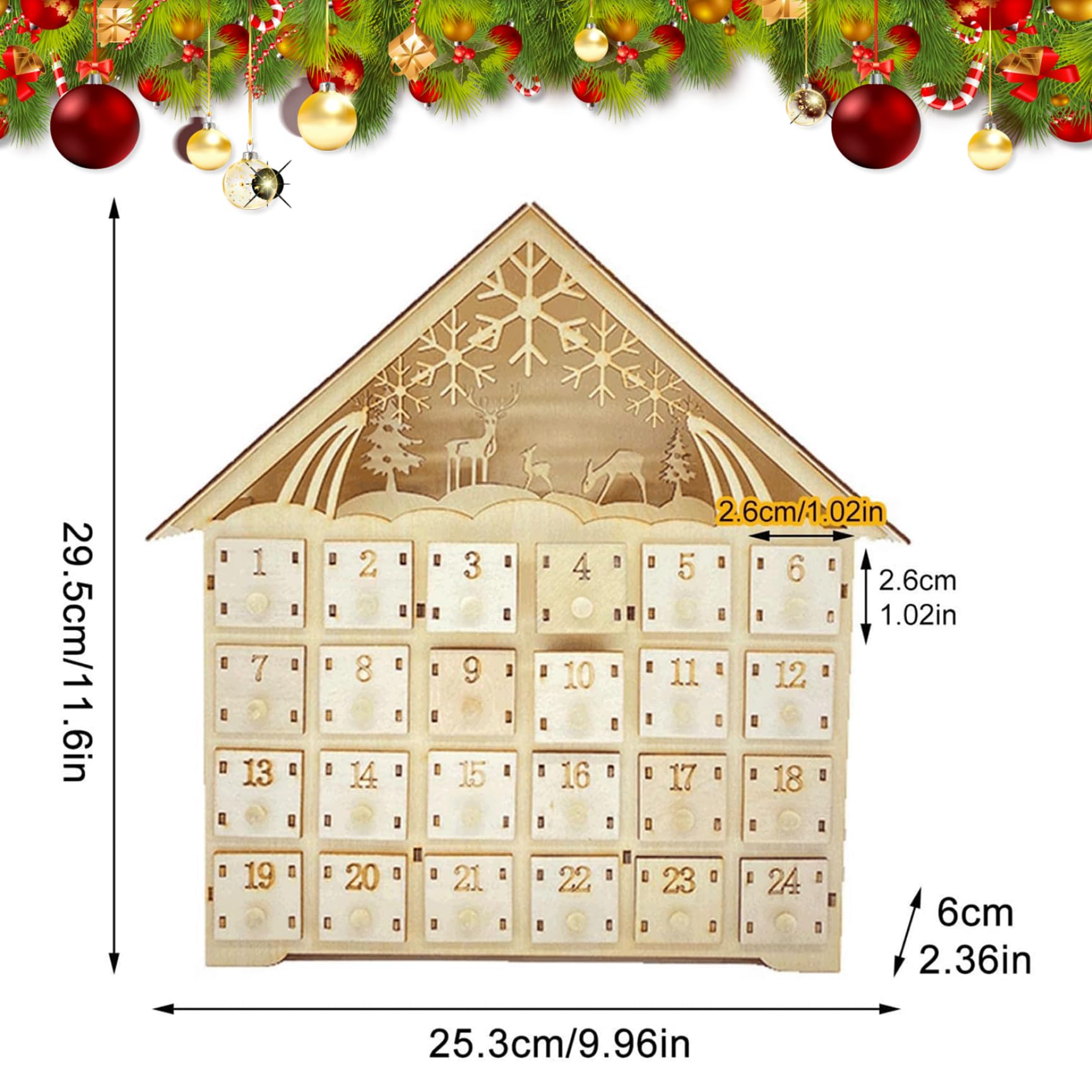 Calendario dell'Avvento in legno con 24 cassetti 10 x 2 x 12" Calendario dell'Avvento di Natale a LED Calendario dell'Avvento vuoto da riempire da soli Conto alla rovescia Regali di Natale per decoraz