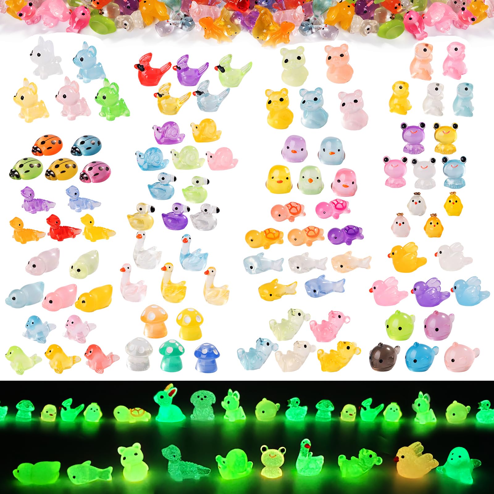 Photo 1 of 110 pcs luminous Mini Resin Animals Many Styles Variety Tiny Animals Figures Miniature Little Small Animal Figurines Bulk for Micro Fairy Garden Landscape Accessories Hide Crafts Decor Aquarium
