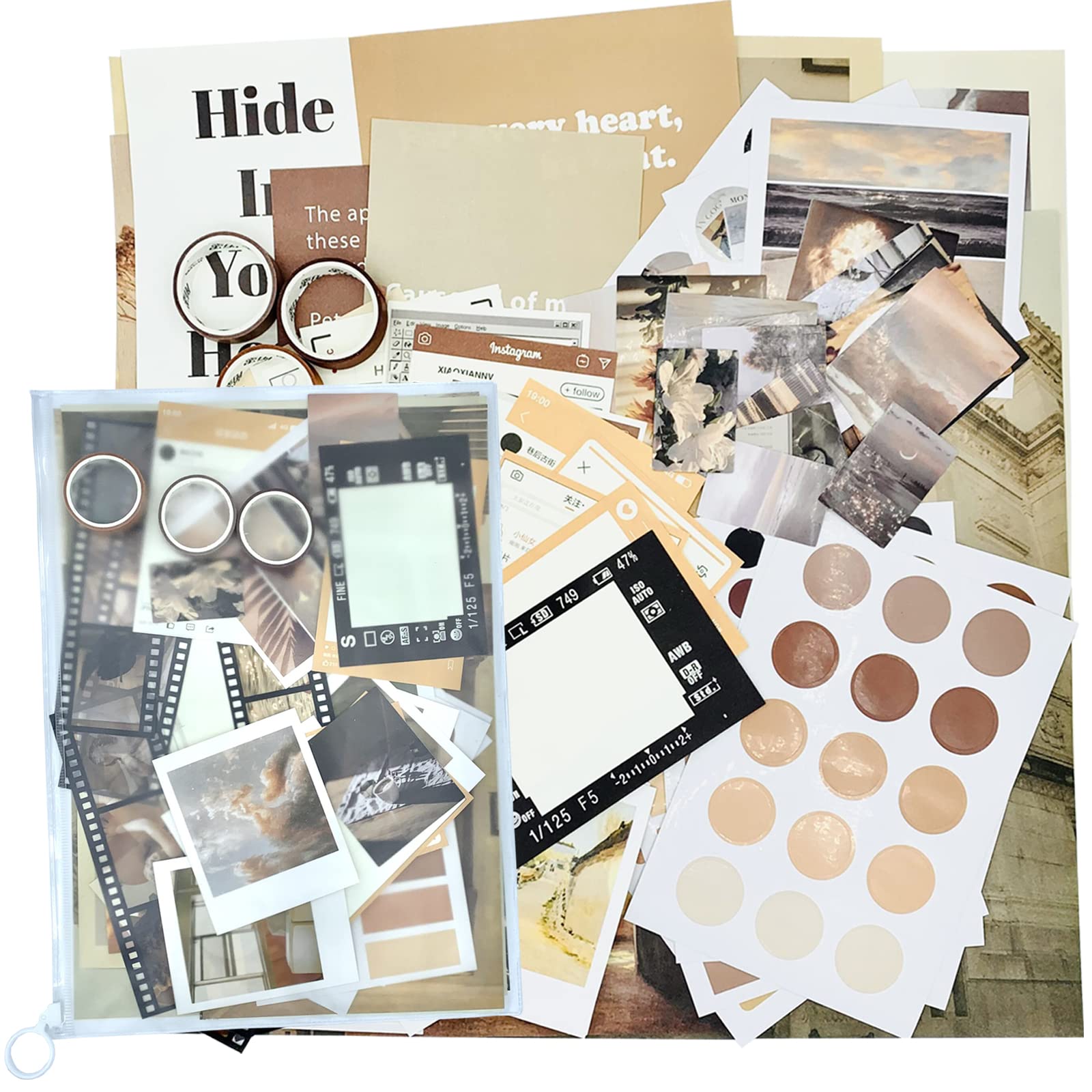 189pcs Vintage Scrapbooking Supplies Kit - Scrapbooking Materials Paper Washi Tape Stickers Set Journaling Supplies Aesthetic for Bullet Journal Art Hand Craft Planner Album Scrapbooking Storage Bag