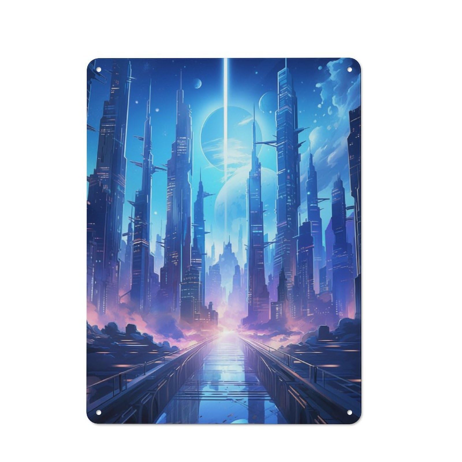 Junmoney Futuristic Surreal City Retro Metal Wall Sign 40X30cm With For Workshop Wall, For Vintage Wall Decor Fans, For Garage And Workshop Walls