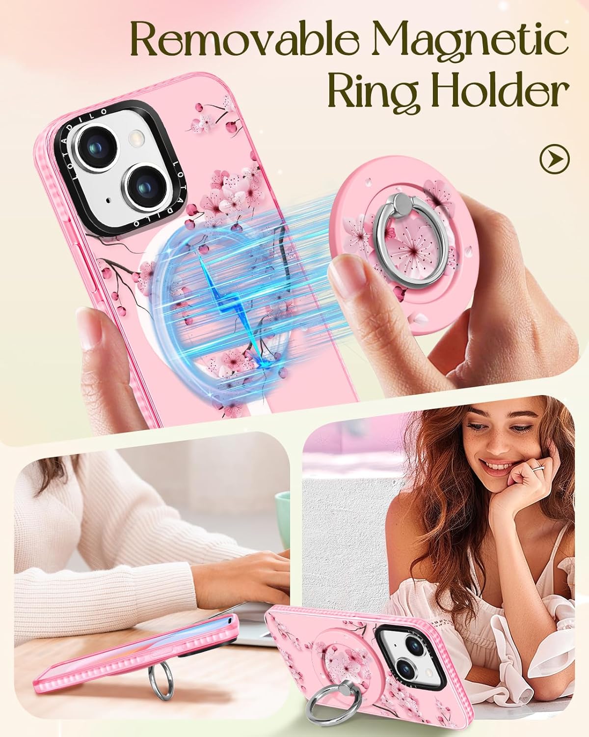 for iPhone 15 Plus Case for Women - Girls Kawaii Design Compatible with Magsafe Magnetic Ring Holder Stand Peach Blossom Phone Covers Aesthetic Girly TPU Funda for 15 Plus - Image 4