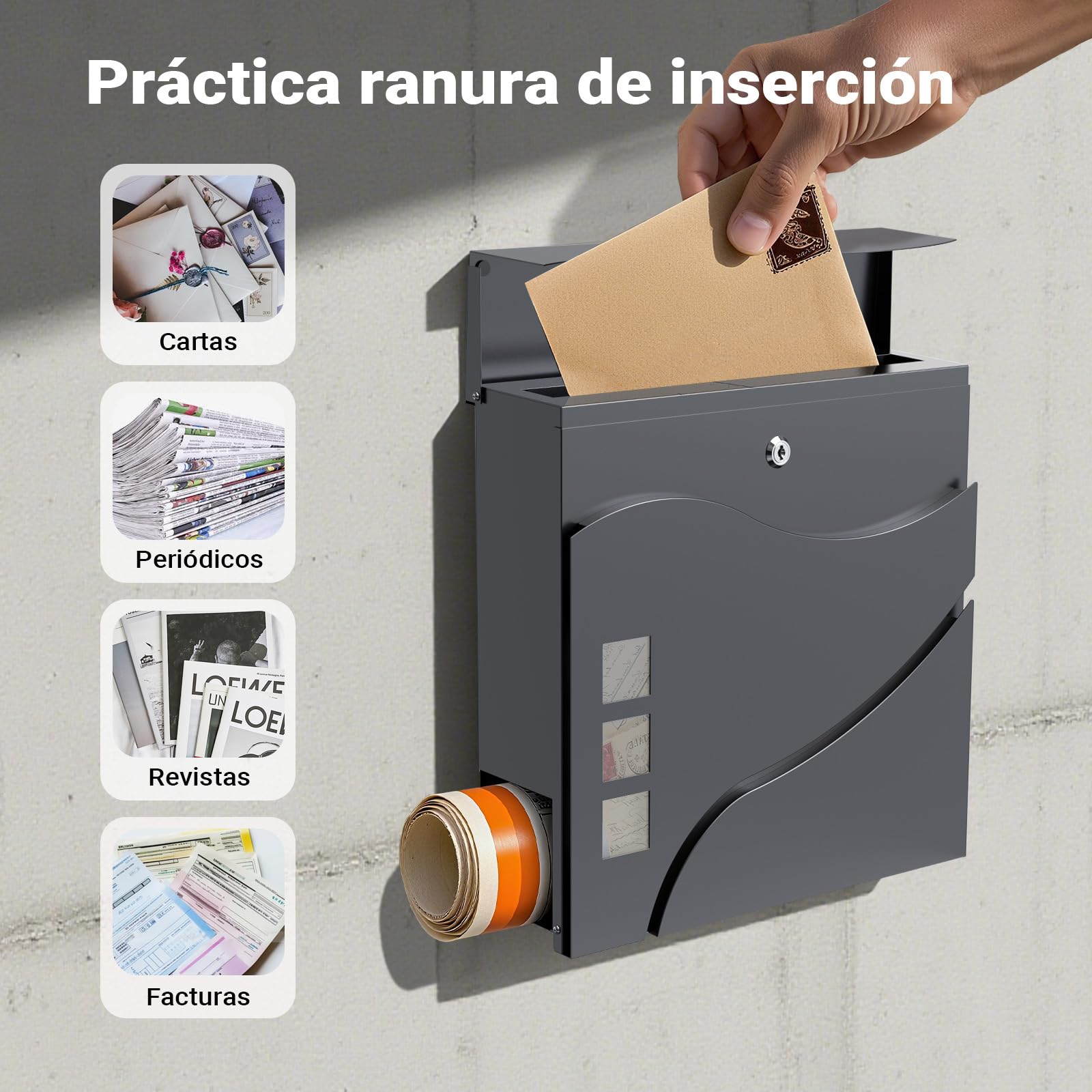 Wiltec Buzón de diseño V28 Antracita 370 x 105 x 370 mm, de Pared con Cerradura y Hueco para el periódico, de Acero con Recubrimiento en Polvo
