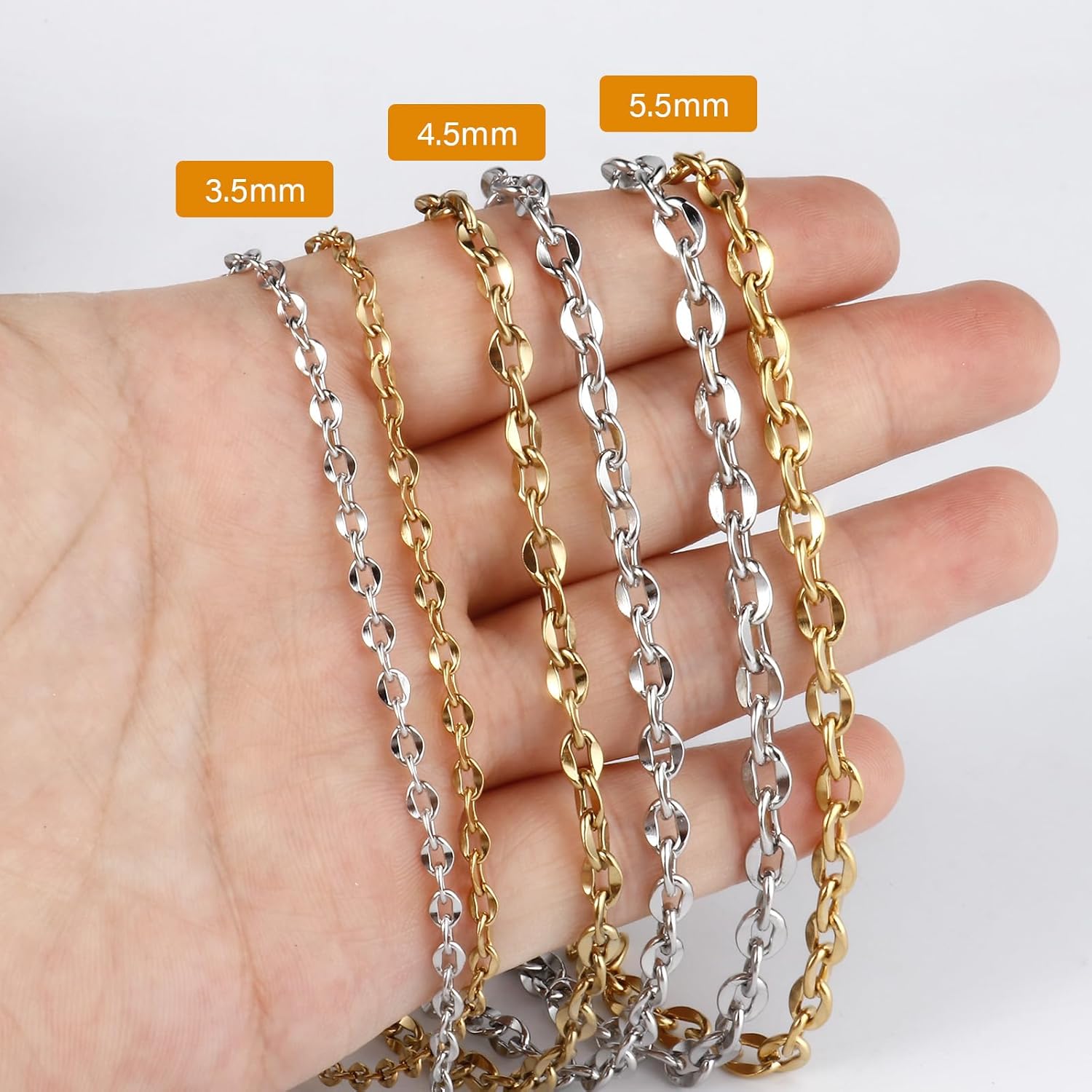 33 FT Stainless Steel Flat Cable Chains Roll, 4.5mm Width 304 Stainless Steel Oval Cable Link Chain Bulk Spool for Jewelry Making DIY Craft