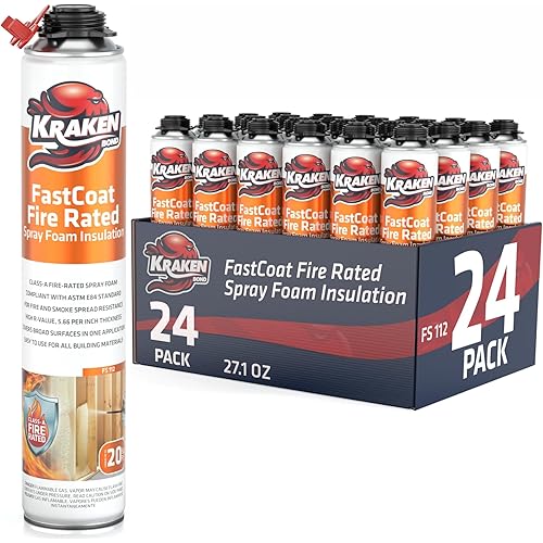 Kraken Bond Fastcoat Fire Rated Spray Foam Insulation Closed Cell in a Can 480 sq ft (24x27.1 oz.) (R-Value 11.32 / 2in) - Spray Foam for Garage Door, Attic, Wall Gun & Cleaner Not Included, 24 Pack