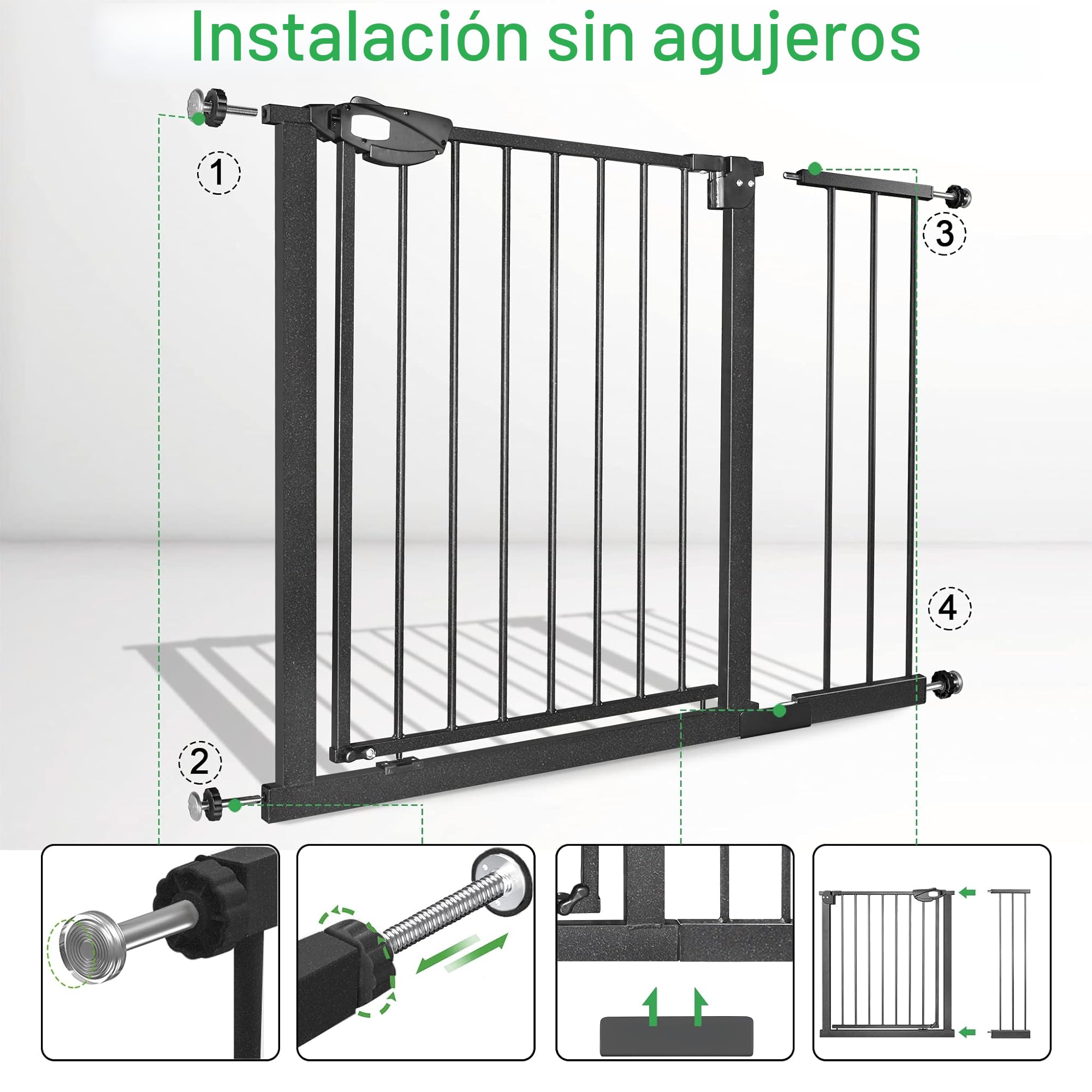 Barrera de seguridad para escaleras sin taladrar, 75-85 cm, para niños y mascotas, apertura con una sola mano, color negro
