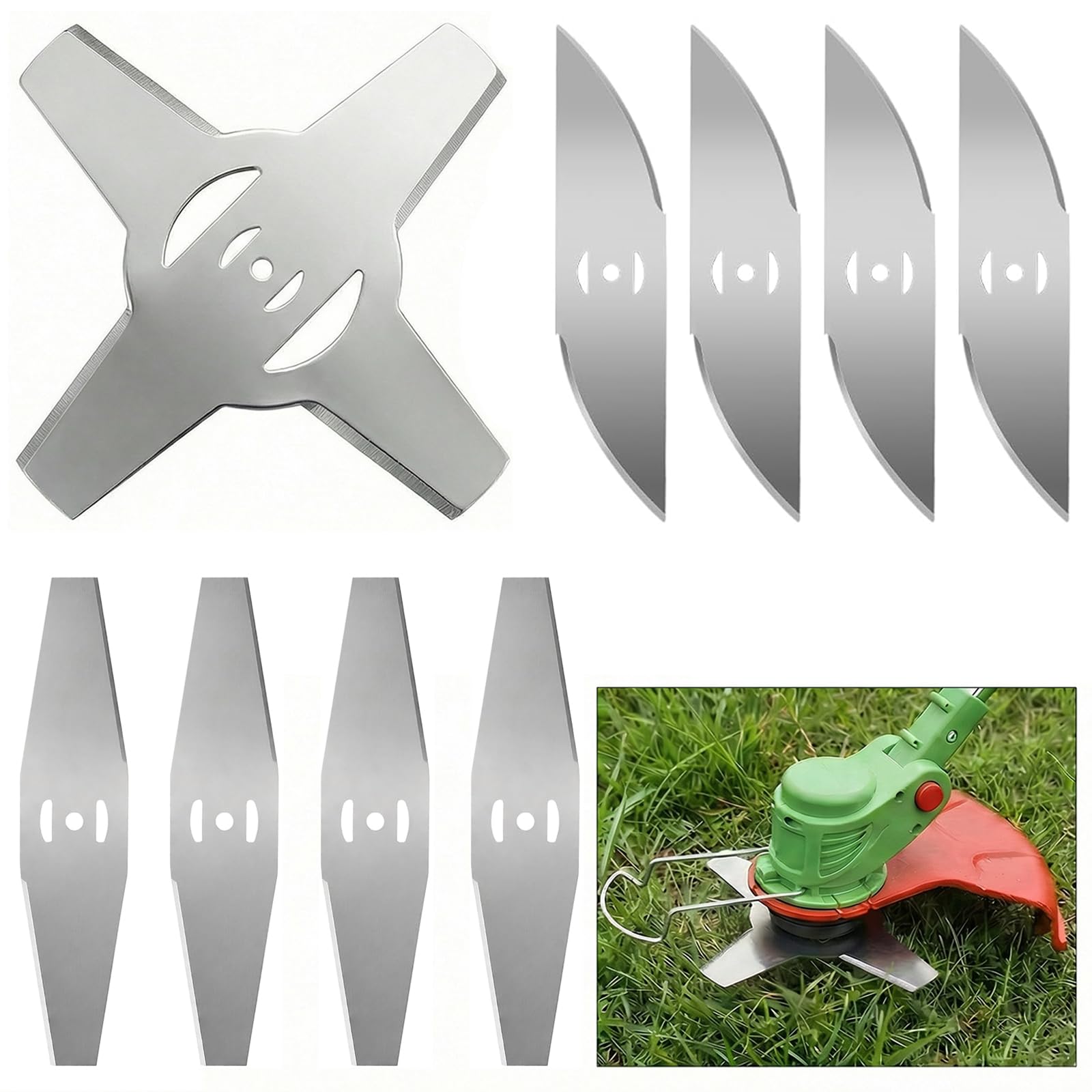 9Pcs 6-Inch Metal Strimmer Blades, Grass Trimmer Blades, Brush Cutter Replacement Blade for Cordless Strimmer, Stainless Steel Spare Blades Set with a Four-Tooth, 4 Diamond-Shaped & 4 Crescent-Shaped