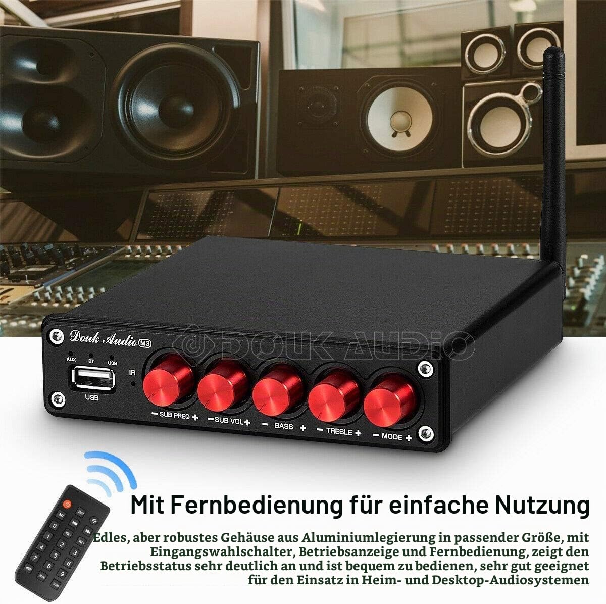 Douk Audio M3 Bluetooth 5.0 Verstärker Stereo Audio Receiver 2.1 Channel Mini Hi-Fi Amplifier Class D with 50 Watt x 2 + 100 Watt for Home Outdoor Passive Speaker/Subwoofer & Active Subwoofer