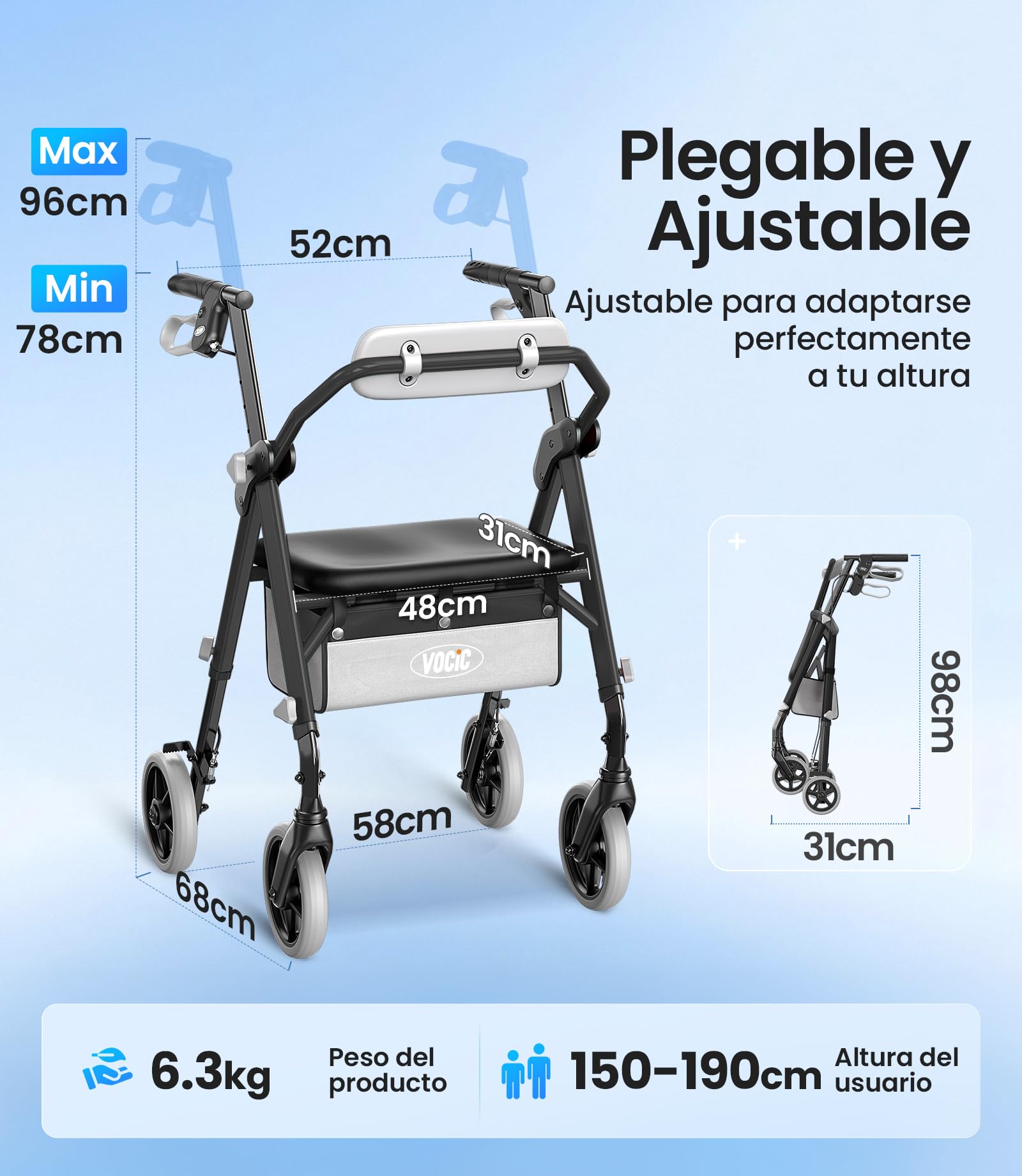 VOCIC Andador plegable ligero con asiento, 6,3kg Ultraligero, Max 150 kg | andador para ancianos con ruedas, asiento ergonómico, altura regulable, Walker estrecho para apartamento & viajes, negro