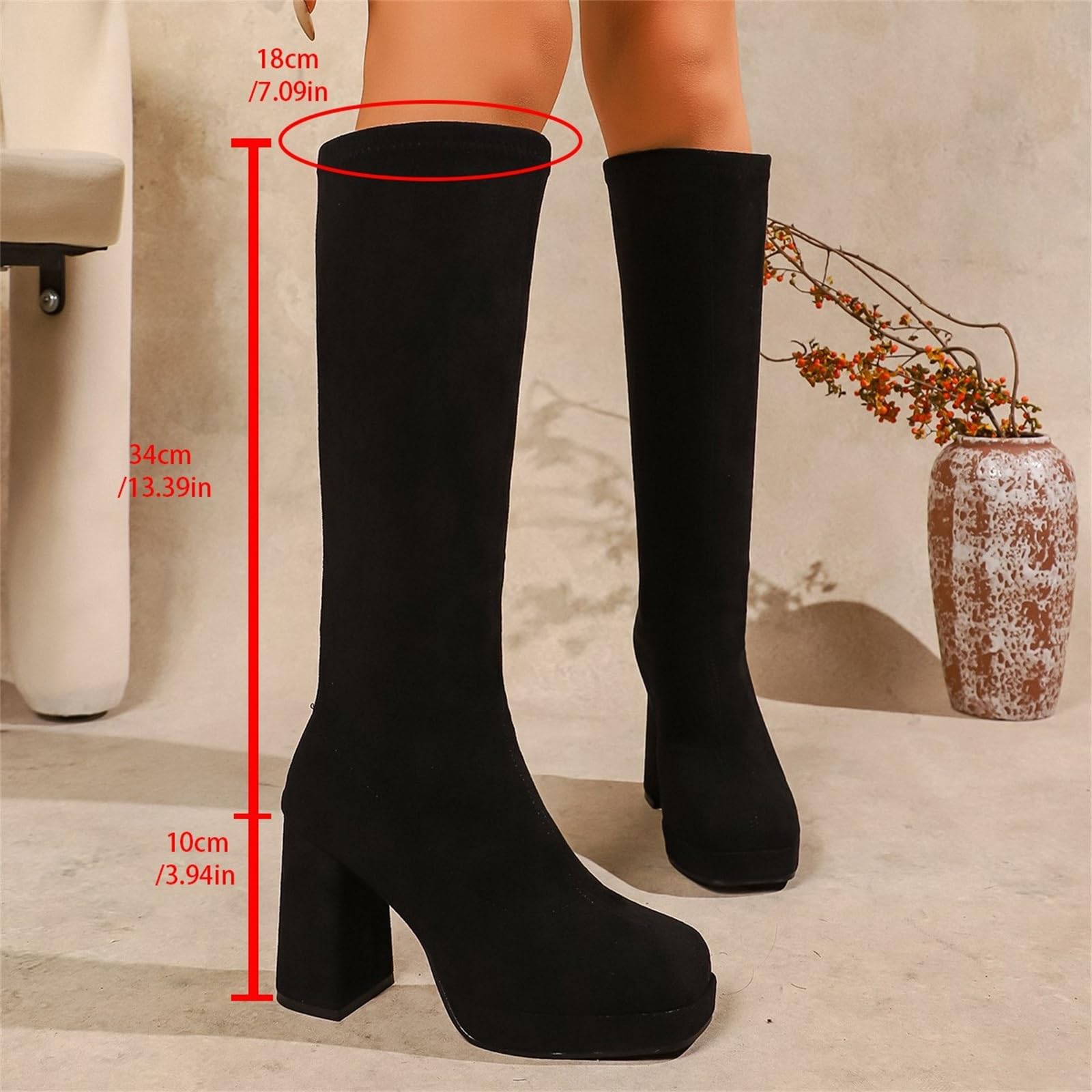 Damen Kniehohe Stiefel Mit Blockabsatz Square Toe Langschaft Boots Vintage Wildleder Reitstiefel Winter Große Größe Schlupfschuhe Plateau High Heels Für Büro, Party