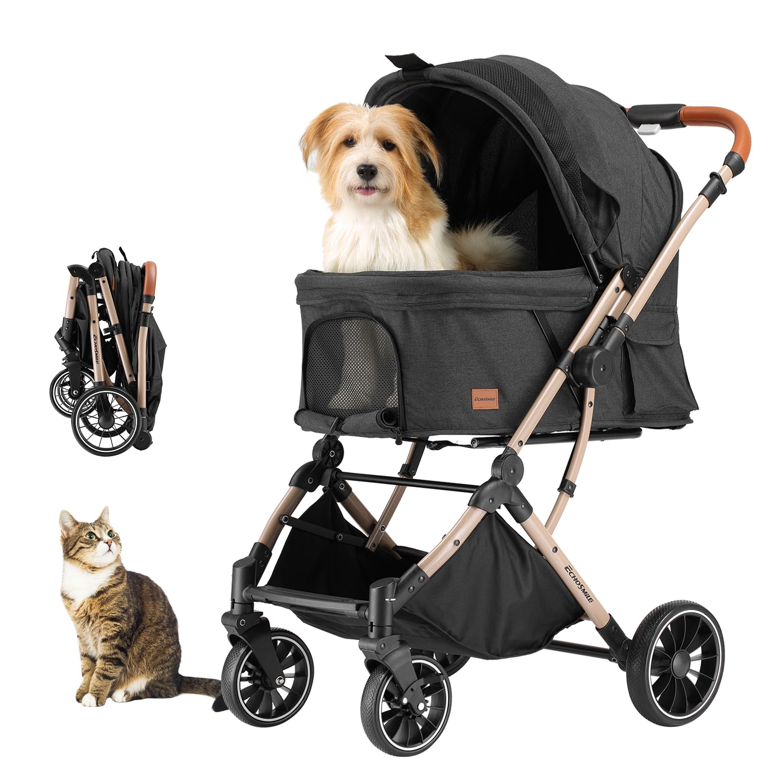 EchoSmile Ein-Knopf-Falt Hundewagen, Hundebuggy bis 20kg für kleine mittel Hunde & Katzen, Hunde Buggy & Katzenwagen mit Umkehrbarer Griff, Stoßdämpfung & Abnehmbares Waschbares Pad (Schwarz)