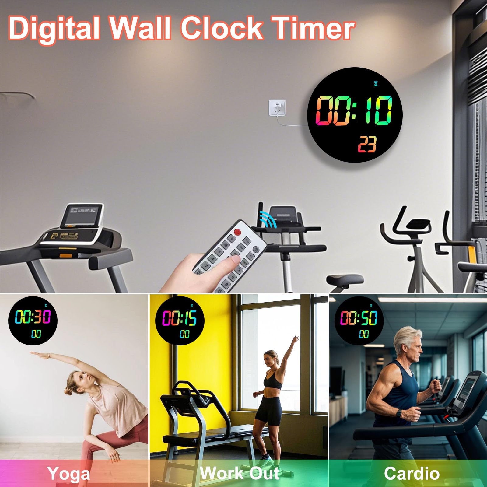 QINFIEY Grande horloge murale numérique RVB à changement de couleur avec télécommande | Affichage LED avec 3 niveaux de luminosité et affichage de la température | Parfaite pour la maison, la salle de