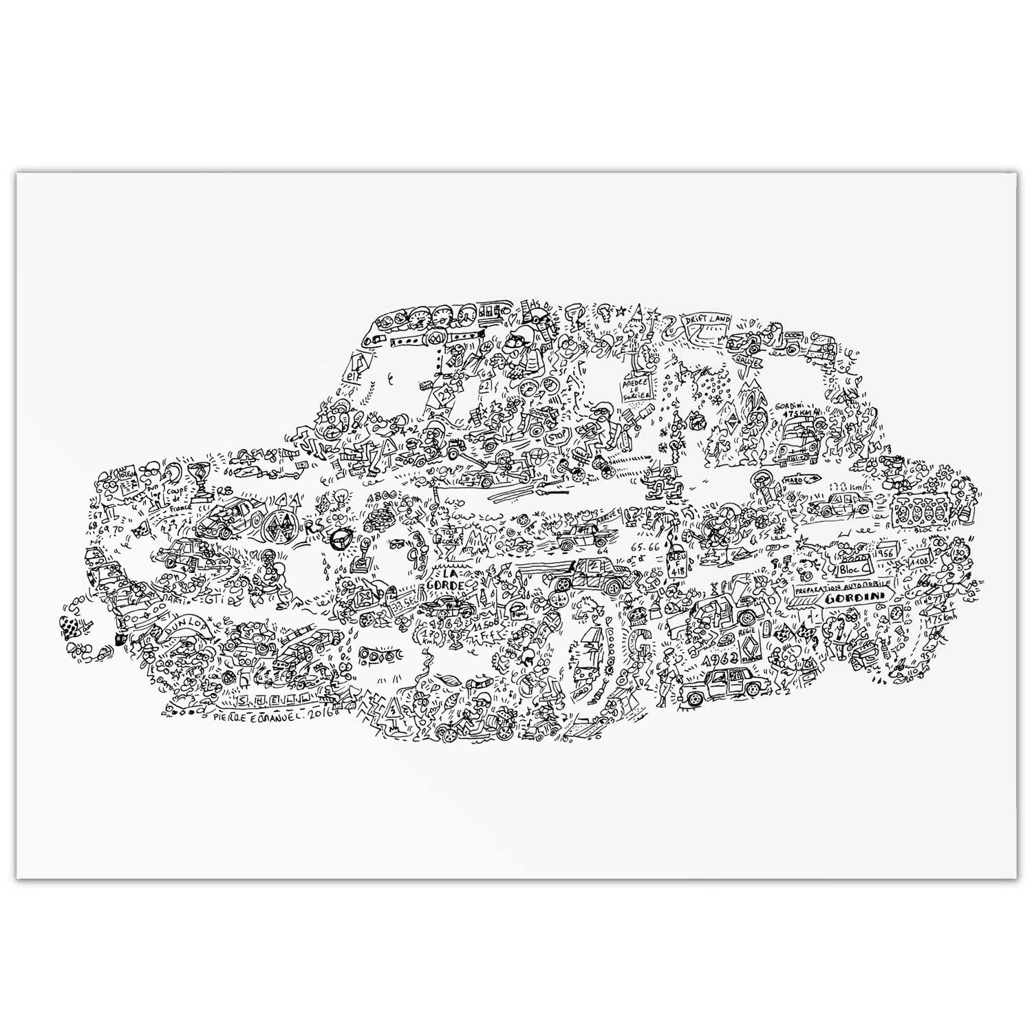 La R8 gordini - Affiche de la voiture de course des années 60 - Drift et jeannot dans la silouhette - Stencil bande dessinée - dessin biographie - Gorde sorcier mecanique (50x70cm)
