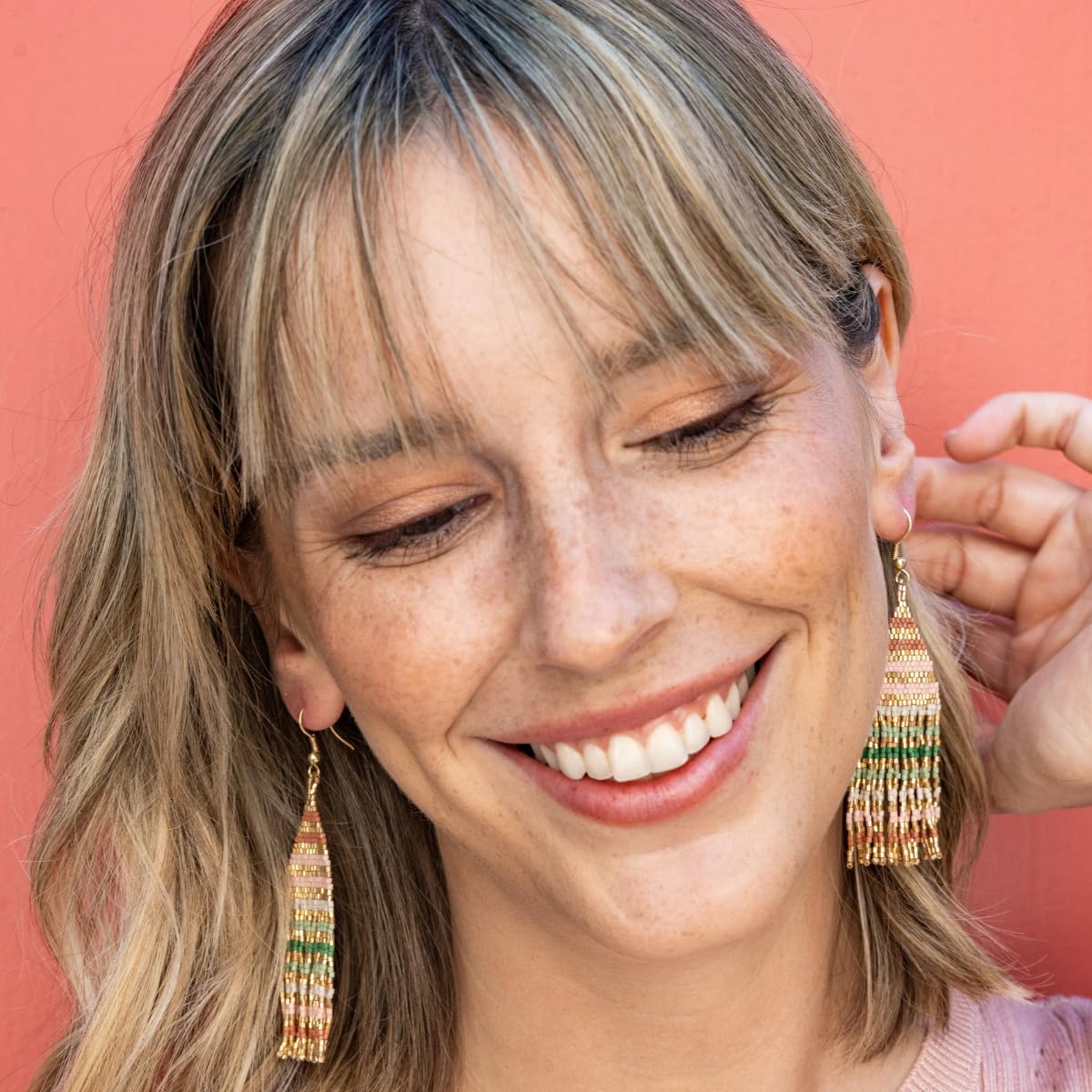 INK+ALLOY Beaded Earrings for Women Dangling, Lexie Fringe Colorful Stripes Seed Bead Tassel Boho Earrings, Handmade Jewelry for the Modern Bohemian