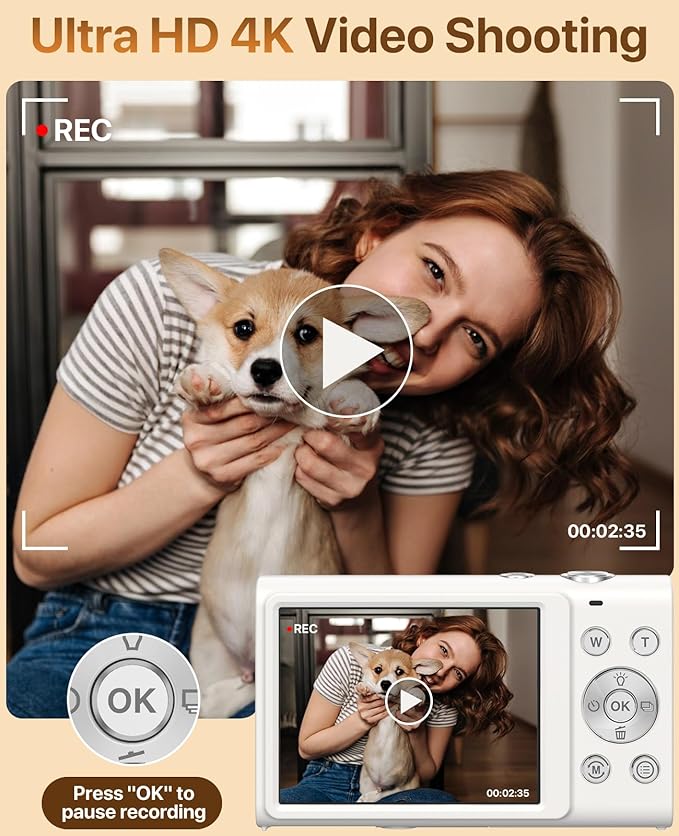 Digital Camera, 4K Vlogging Camera for YouTube Autofocus Cameras for Photography with 16X Digital Zoom, 48MP Compact Point and Shoot Digital Camera for Teens Adult with 32GB SD Card, 2 Batteries-White