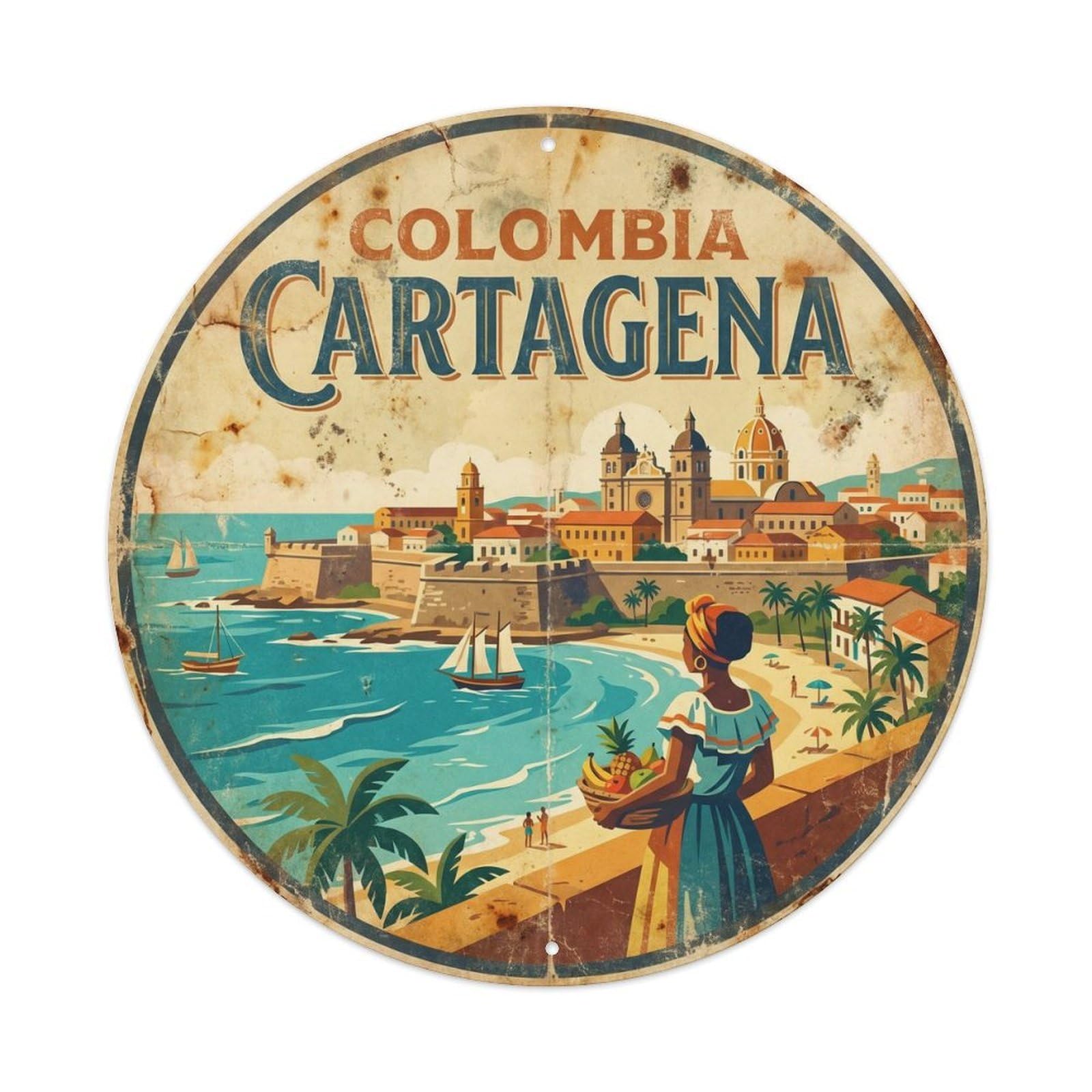Olyhtr 8X8inch Classic Style Colombia Cartagena Coastal Travel Vintage Metal Tin Sign