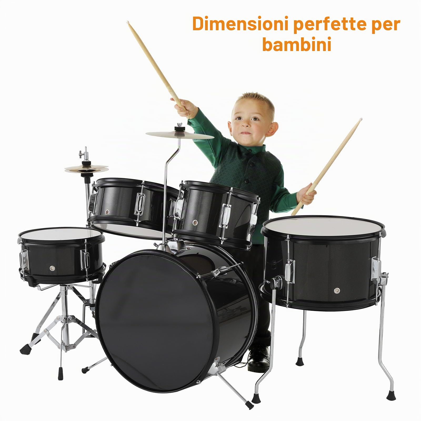 Set Batteria 5 Pezzi per Bambini e Principianti – Completo Performance con Grancassa, Tom, Rullante, Piatti, Hi-Hat – Bacchette, Pedale, Sgabello – Regalo Musicale per Giovani – Colore Nero