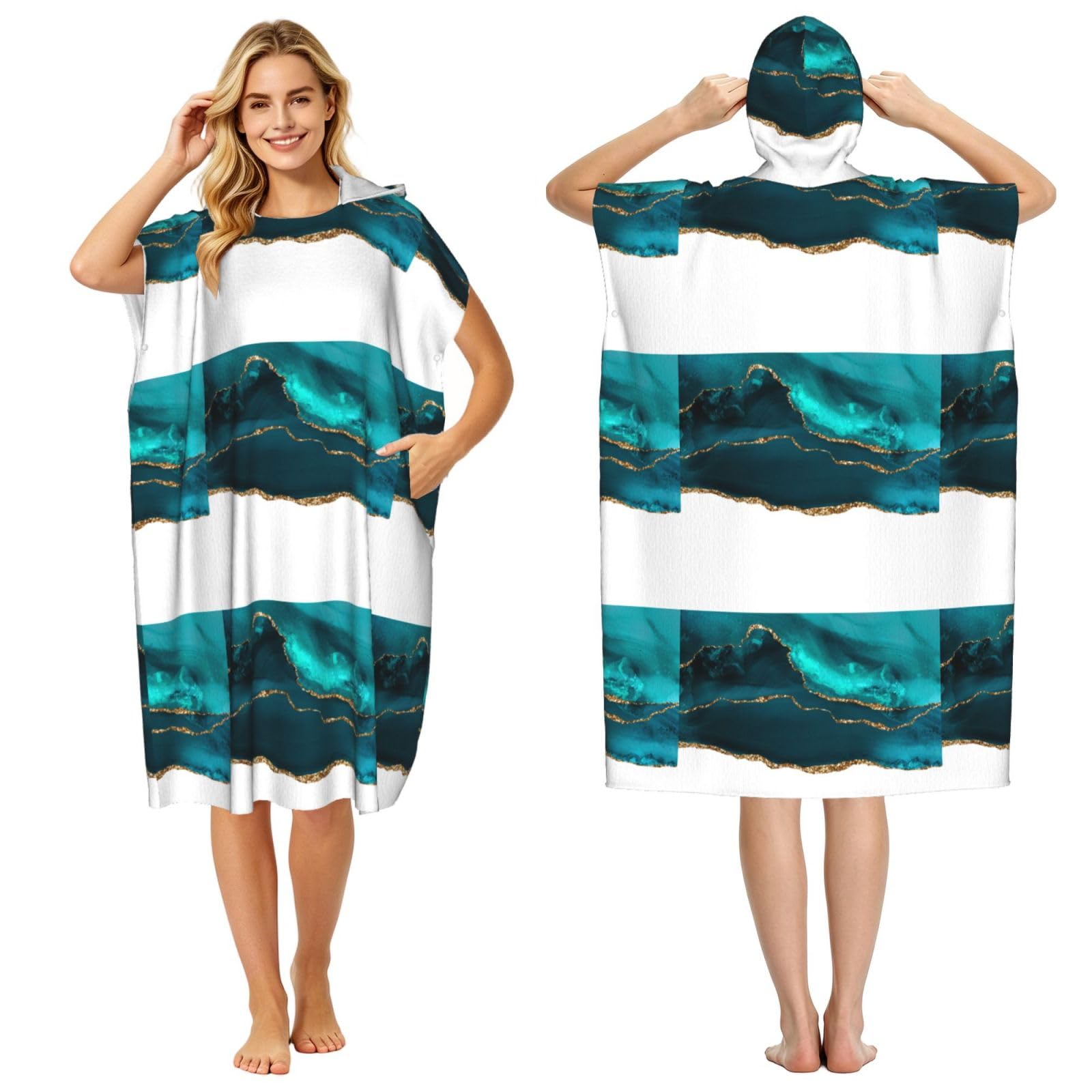 Poadnly Modern Stylish Teal Gold Agate On White, Adult Hooded Beach Towel 90 x 110 cm,Changing Bath Robe, Surf Poncho Towel For Women Men