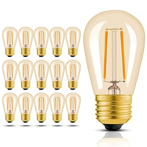 Hizashi 15 Pack S14 Replacement Light Bulbs 2W 25 Watt Outdoor Edison Bulbs Dimmable E26 Base Amber 2200K