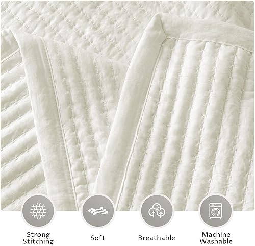 Miniatura 4 de KASENTEX - Juego de edredón lavable a máquina, cubrecama muy suave, ligero, lavado a la piedra, con costuras detalladas, unicolor, Queen de gran