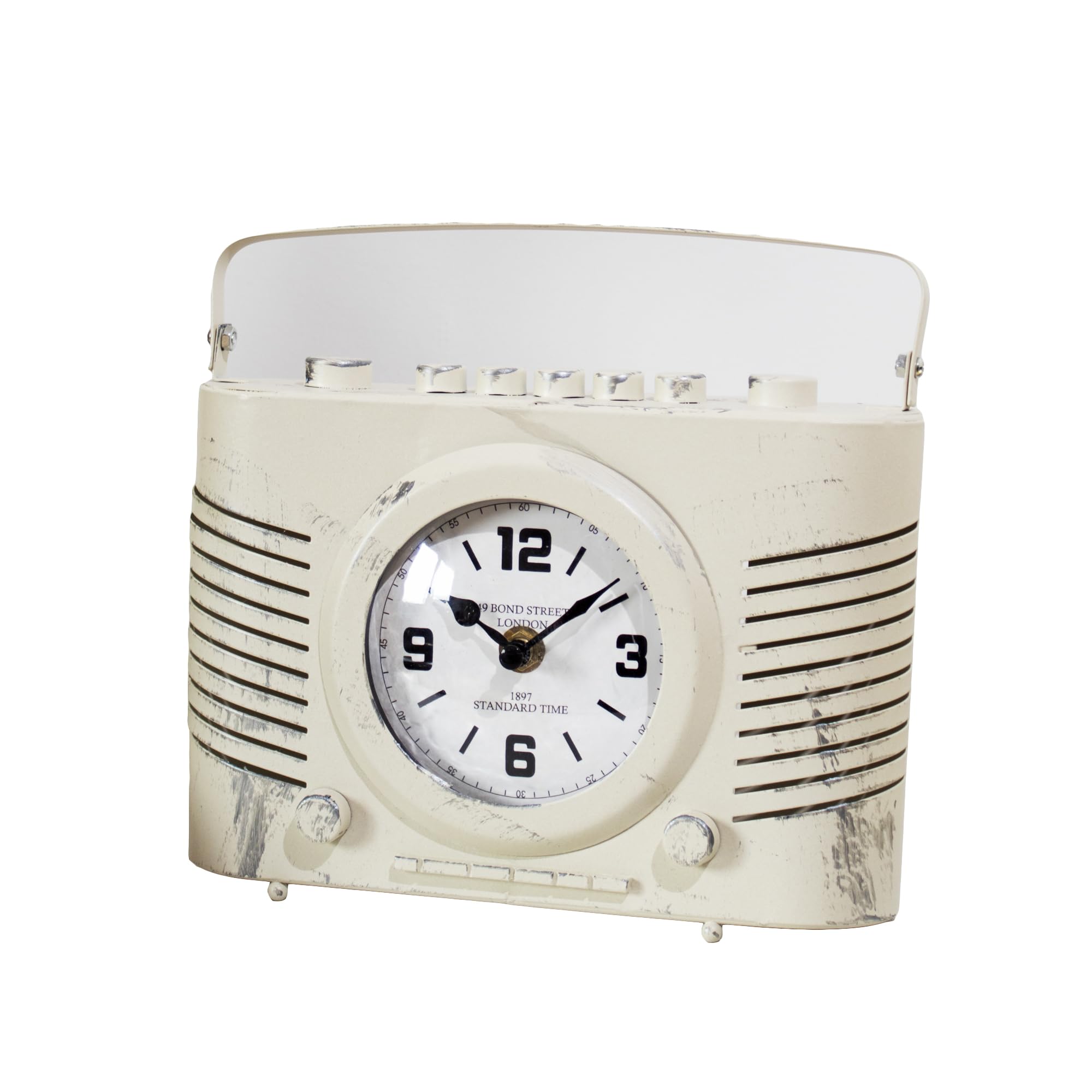 Darthome Cream Vintage Radio Mantel Clock 22X20x8cm Distrssed Metal Retro Table Desk Novelty Decor