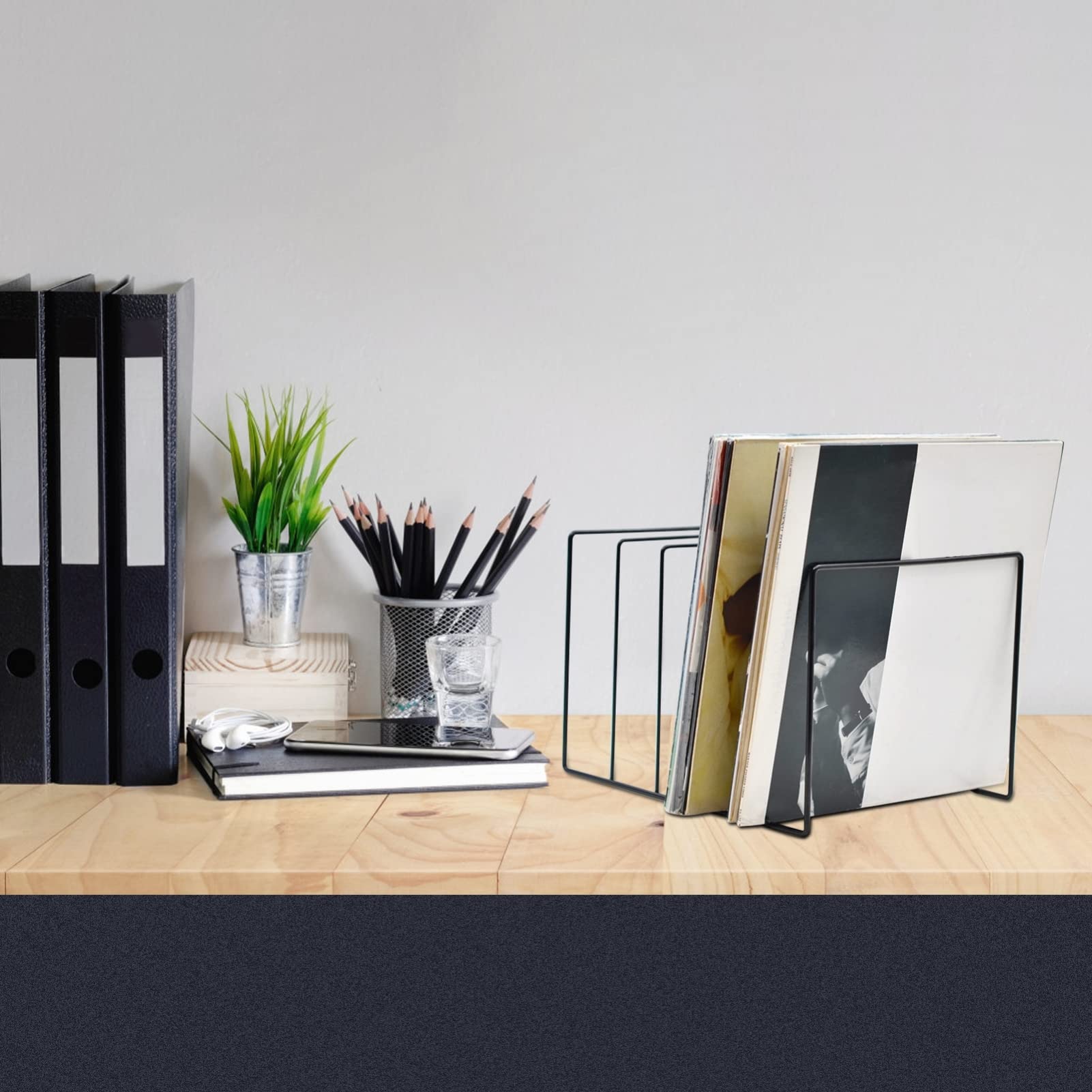 Organizzatore di Vinili e Libri in Ferro Nero Grande Capacità, Design Moderno e Classico, Resistente e Decorazione da Scrivania per Uffici e Dormitori