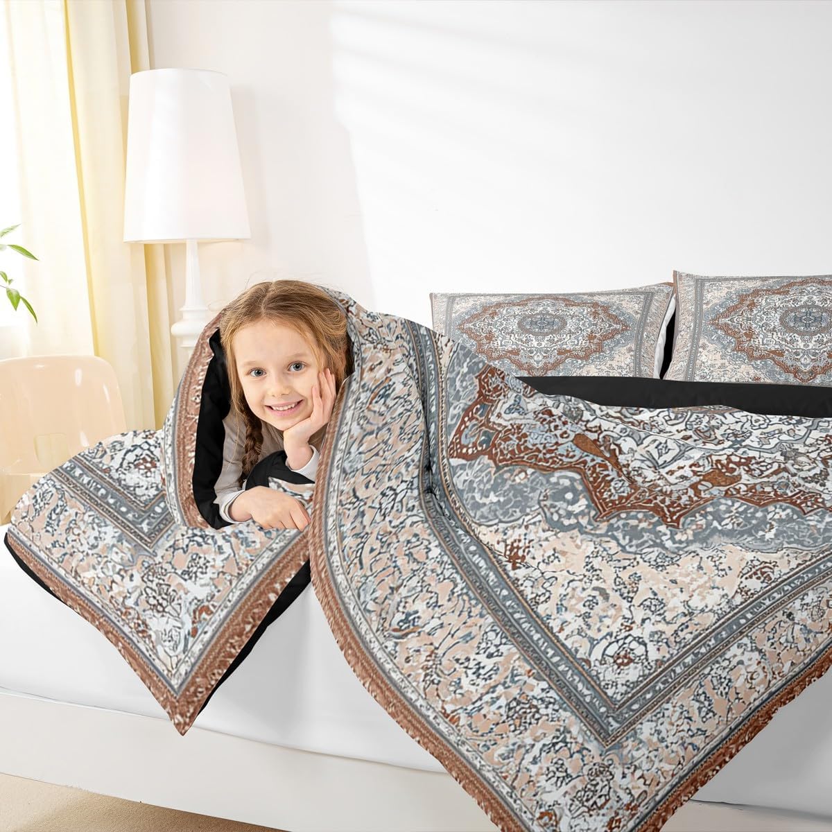 Erosebridal Boho Bedding King, Red Blue Mandala Comforter Set for Men Women, Retro Gray Floral Exotic Bohemian Tribal Bedding Comforter Sets, Vintage Antique Damask Down Comforter