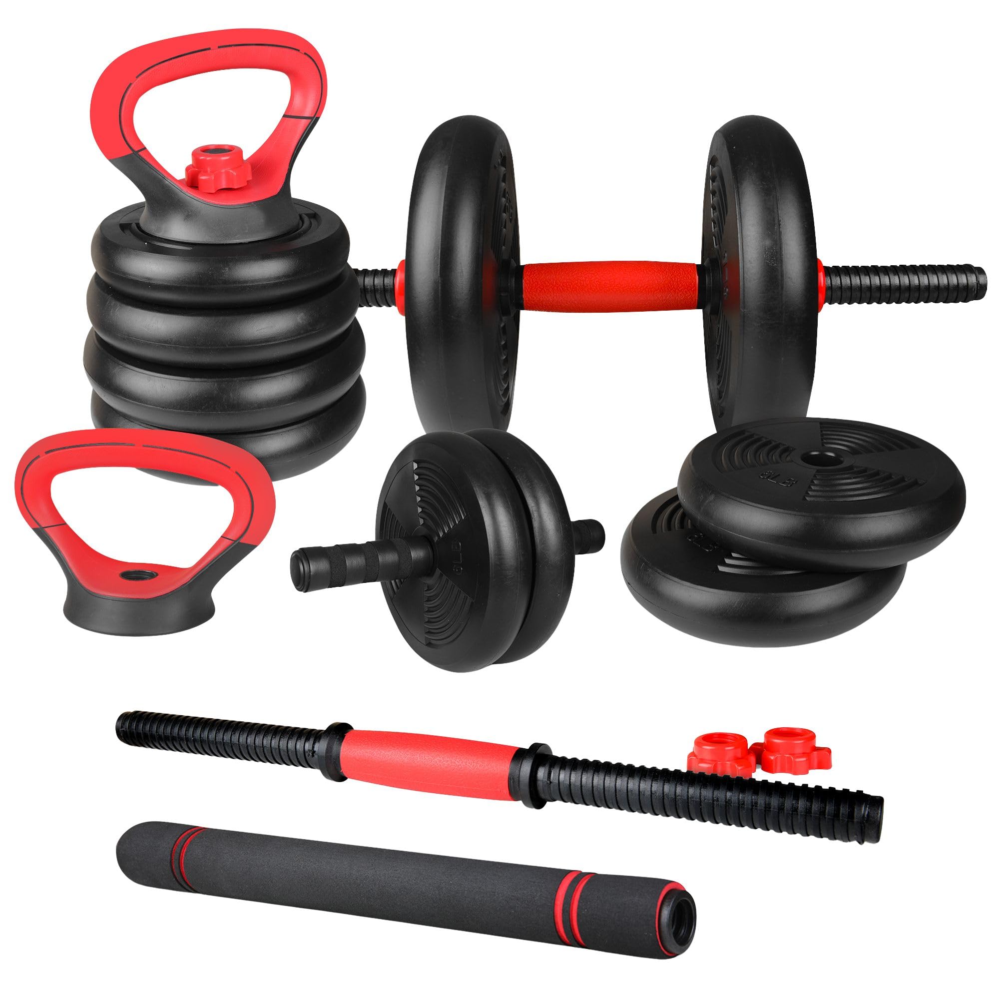 20 kg, kit per sollevamento pesi 5 in 1 con barra lunga, kettlebell, ruota addominale e manici pompe, set pesi per sport domestici, principianti e confermati, nero
