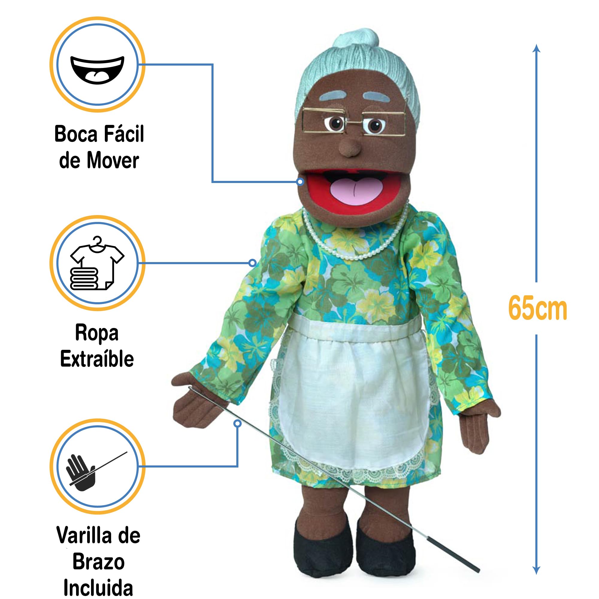 Abuelita, Abuela negra, cuerpo completo, Marioneta estilo ventrílocuo, 65cm