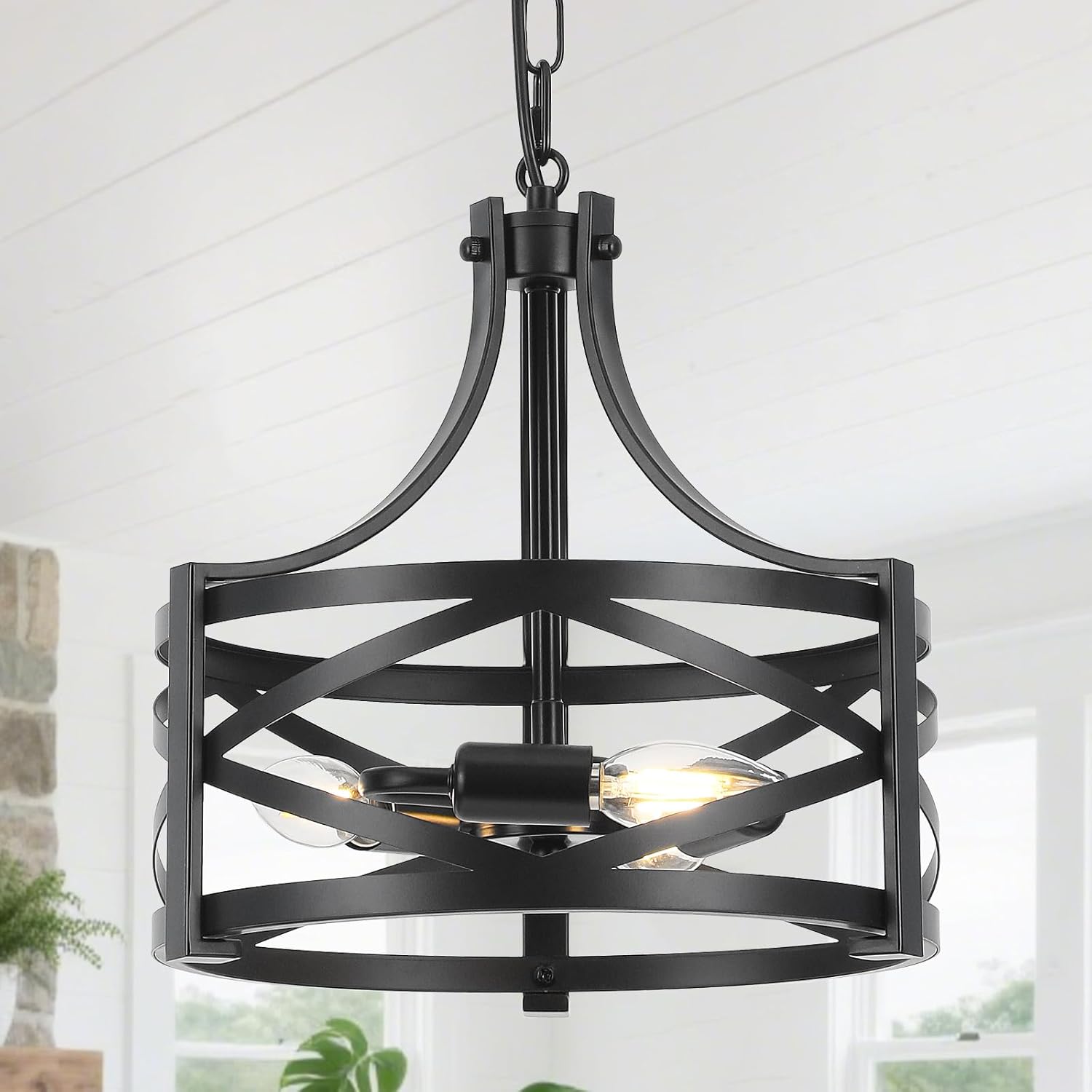 3-Light Black Chandelier, 12 inch Farmhouse Chandelier Dining Room Light Fixture, Modern Industrial Pendant Lights with Adjustable Chain for Kitchen Island Foyer Entrance Bedroom