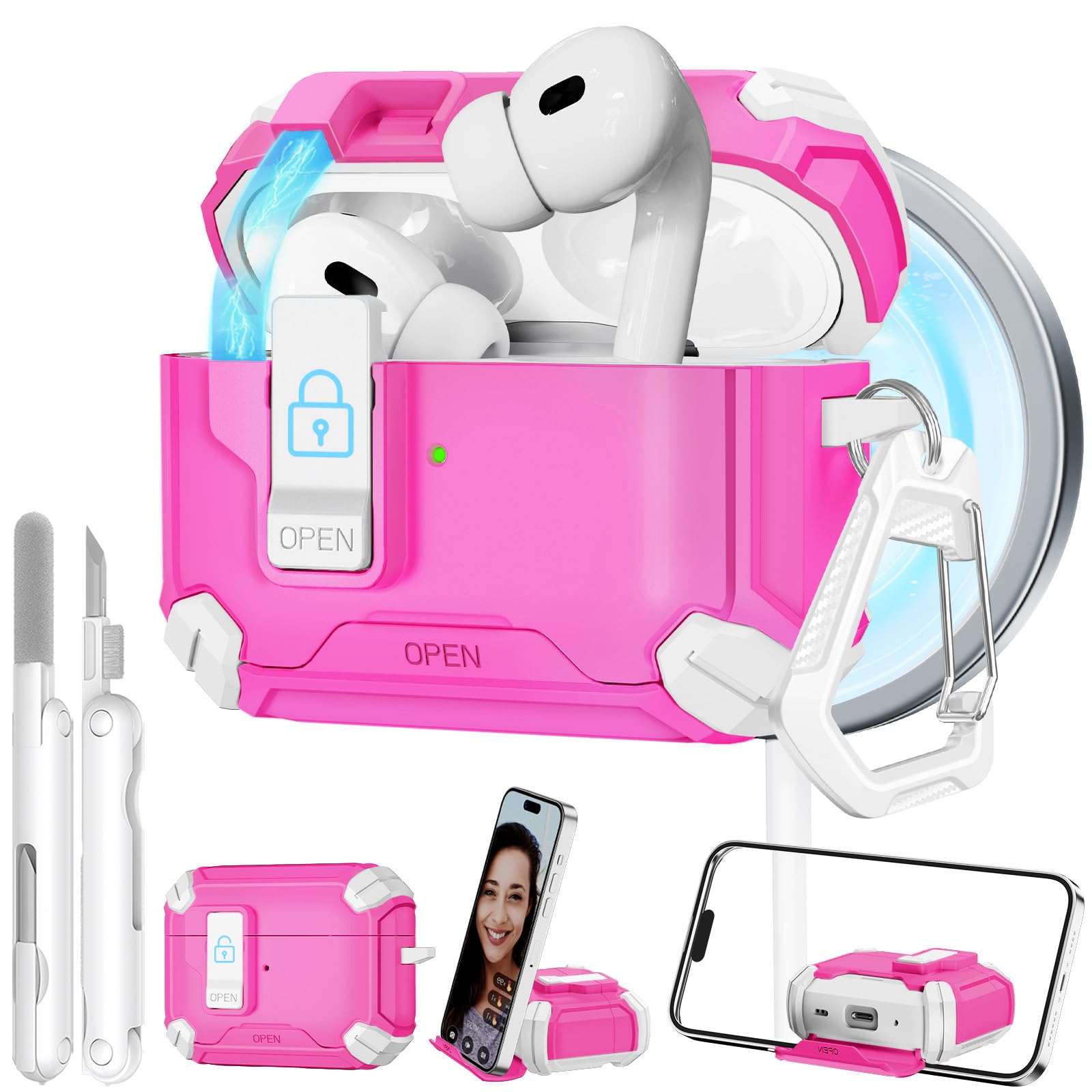 for AirPods Pro 2 Secure Lock Case with Phone Stand, Compatible with MagSafe, Case Cover for Apple AirPods Pro 2nd/1st Generation with Cleaner and Keychain, Auto-Open (Rose Red)
