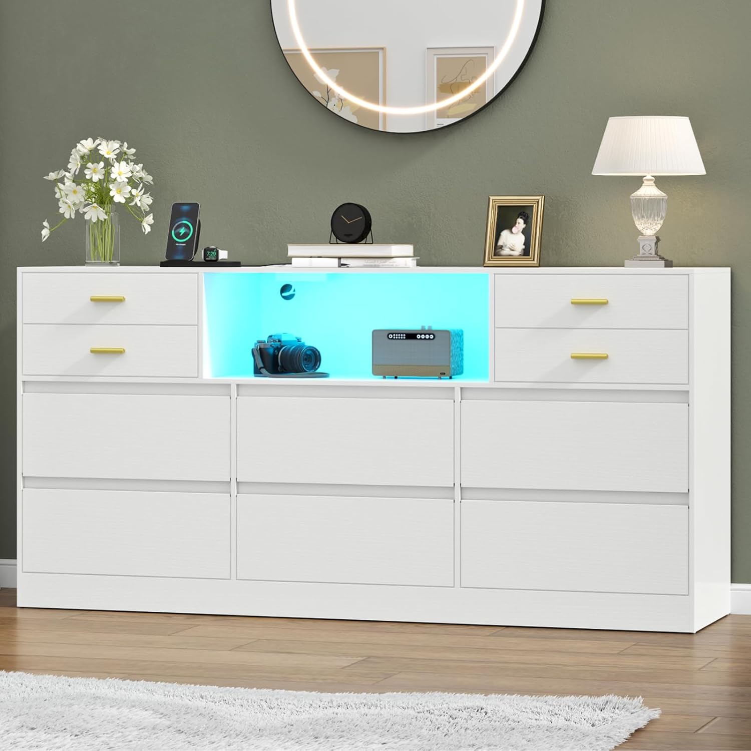 Loomie 10 Drawer White Dresser with Charging Station & Led Lights for Bedroom, Long 58" Triple Wide Dresser TV Stand for TVs up to 65", Large Dressers Organizer with Open Cubby, Wide Chest of Drawer