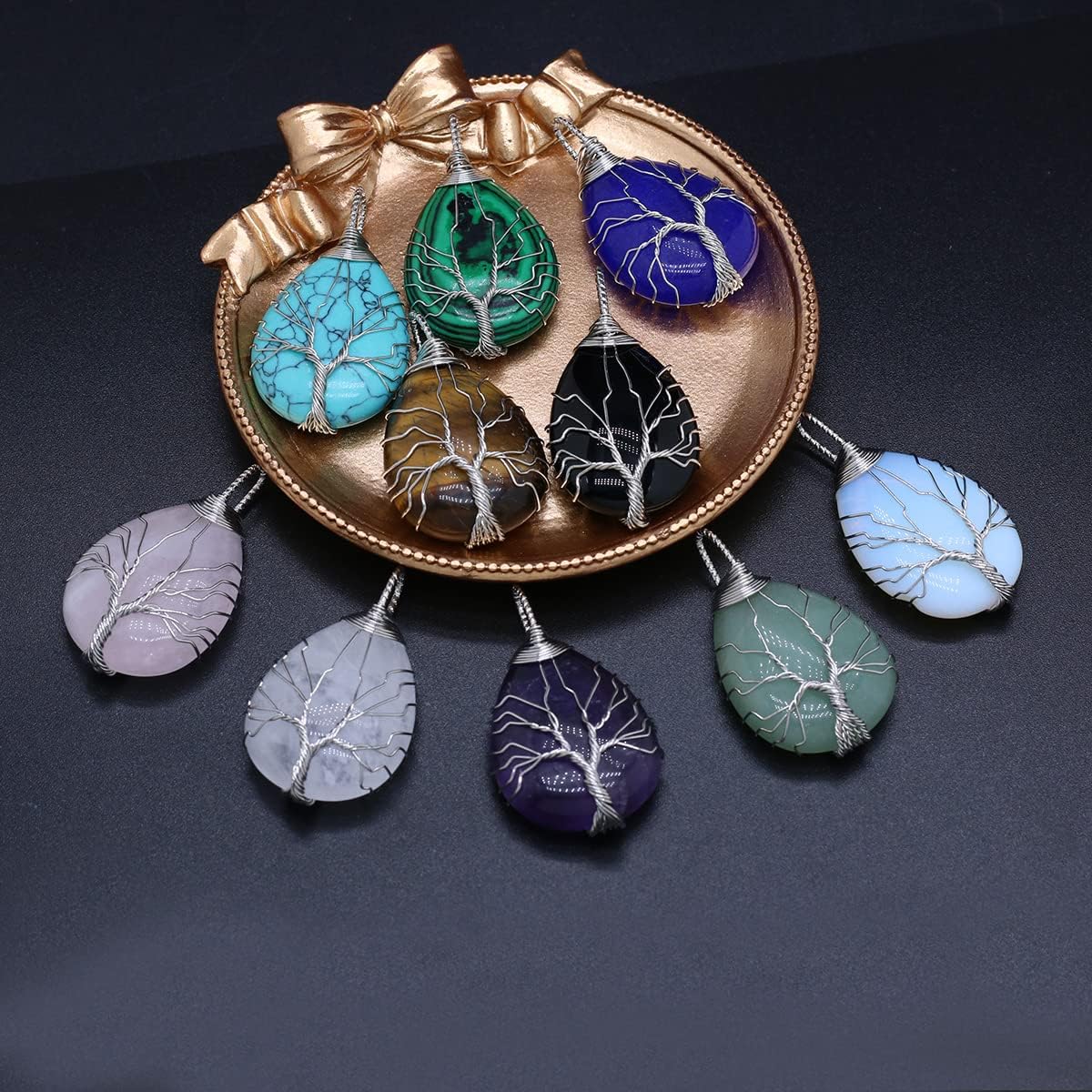 LHJ 4 Pcs Natural Stone Pendants Water Drop Shape Chakra Crystal Agate Stone Wire Knitting Life Tree Design for Jewelry Making Necklace Decoration Meditation - Image 5