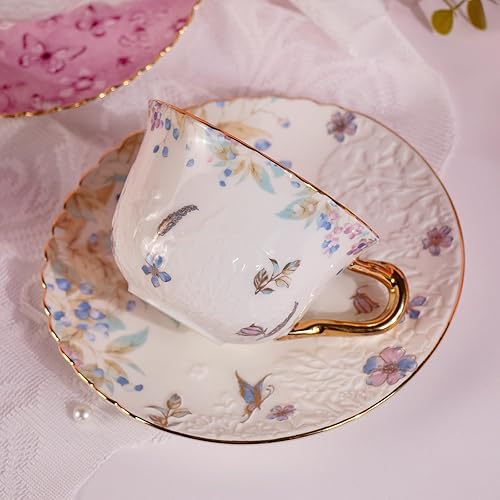 Miniatura 7 de KAMMAK Juego de 2 tazas de té y platillos, tazas de café de porcelana reforzada, tazas de café apilables de 8.5 onzas, demitasse de cerámica para