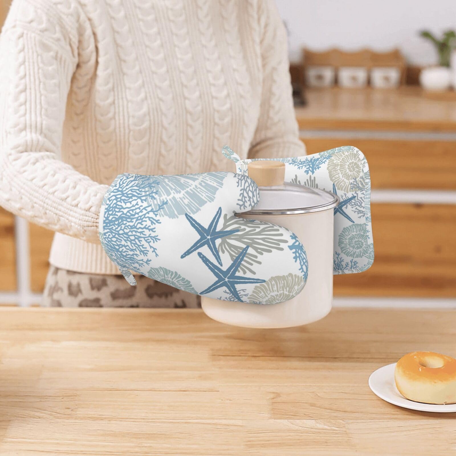 Morskie muszle rozgwiazda koralowe przybrzeżne rękawice kuchenne i zestawy uchwytów na garnki, silikonowe antypoślizgowe rękawice kuchenne, uchwyty na garnki, odporne na wysokie temperatury, do