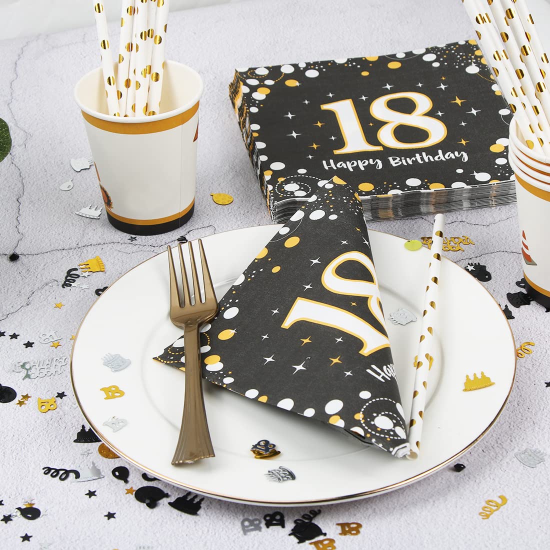 Serviettes Cocktail 18ème Anniversaire - Lot De 50, 33x33 Cm, Noir Et Doré, Pour Fête Adulte élégante