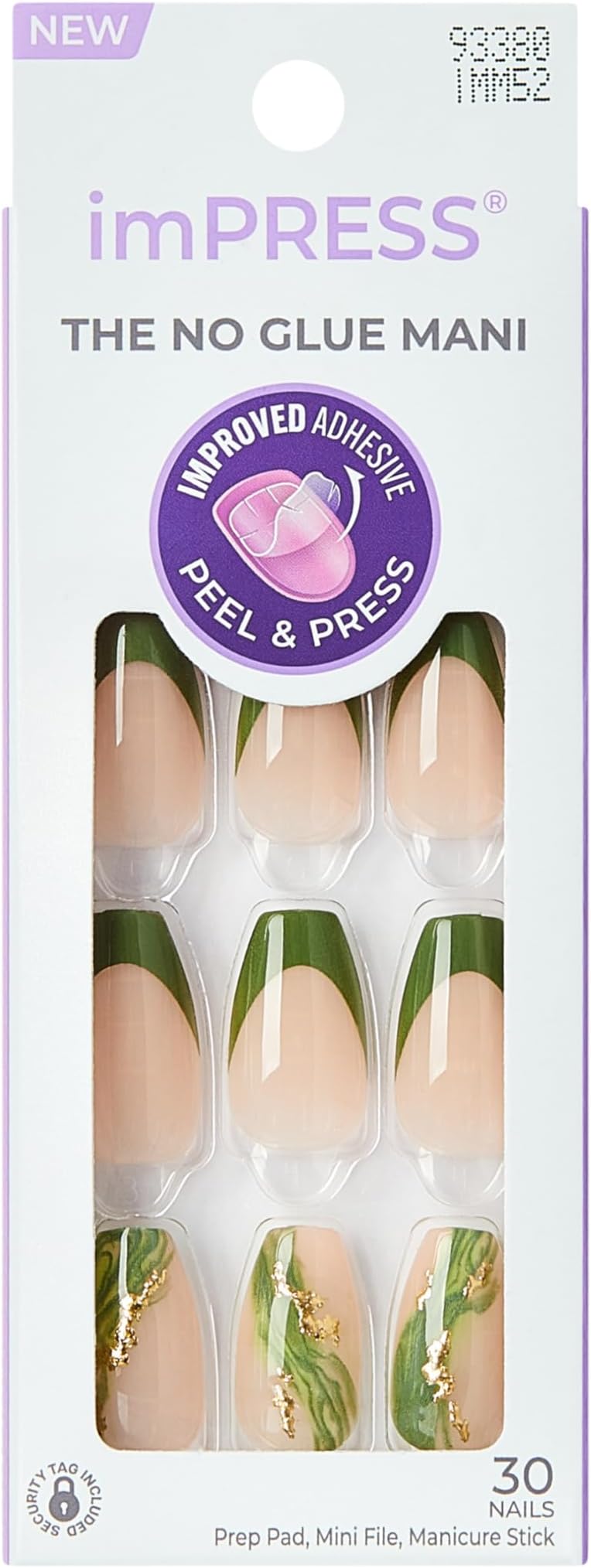 Kiss Impress No Glue Mani Press On Nails, Design, 'Ballerina', Green, Medium Size, Coffin Shape, Includes 30 Nails, Prep Pad, Instructions Sheet, 1 Manicure Stick, 1 Mini File