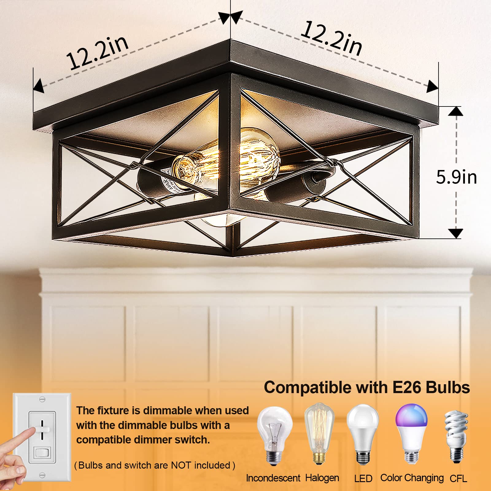 12 Inch Retro Flush Mount Ceiling Light, 2-Light Rustic