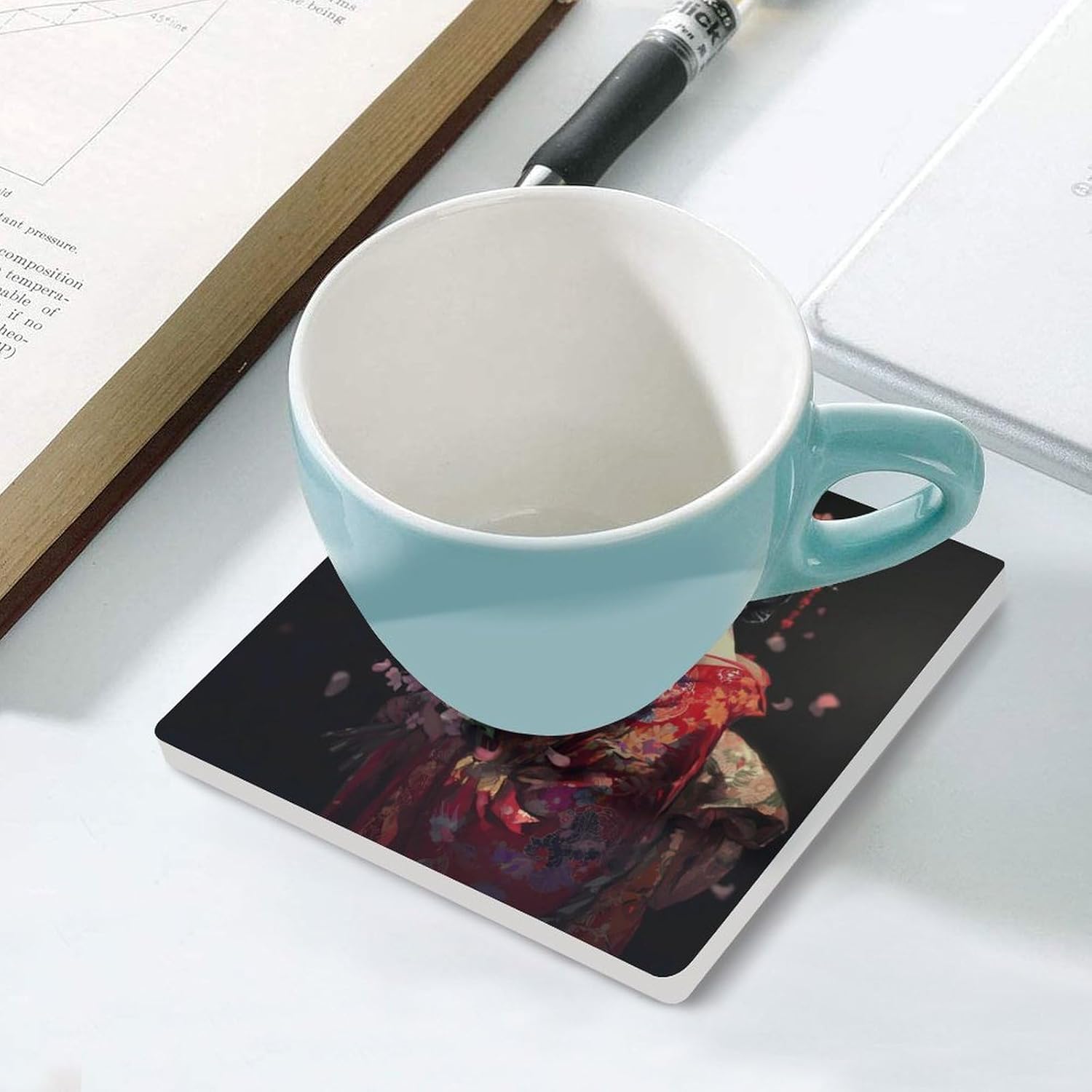 Beautiful Japanese Geisha Coaster for Drinks Square Ceramic Table Coasters Stone Mat Crafts 4PCS Home Kitchen Decor